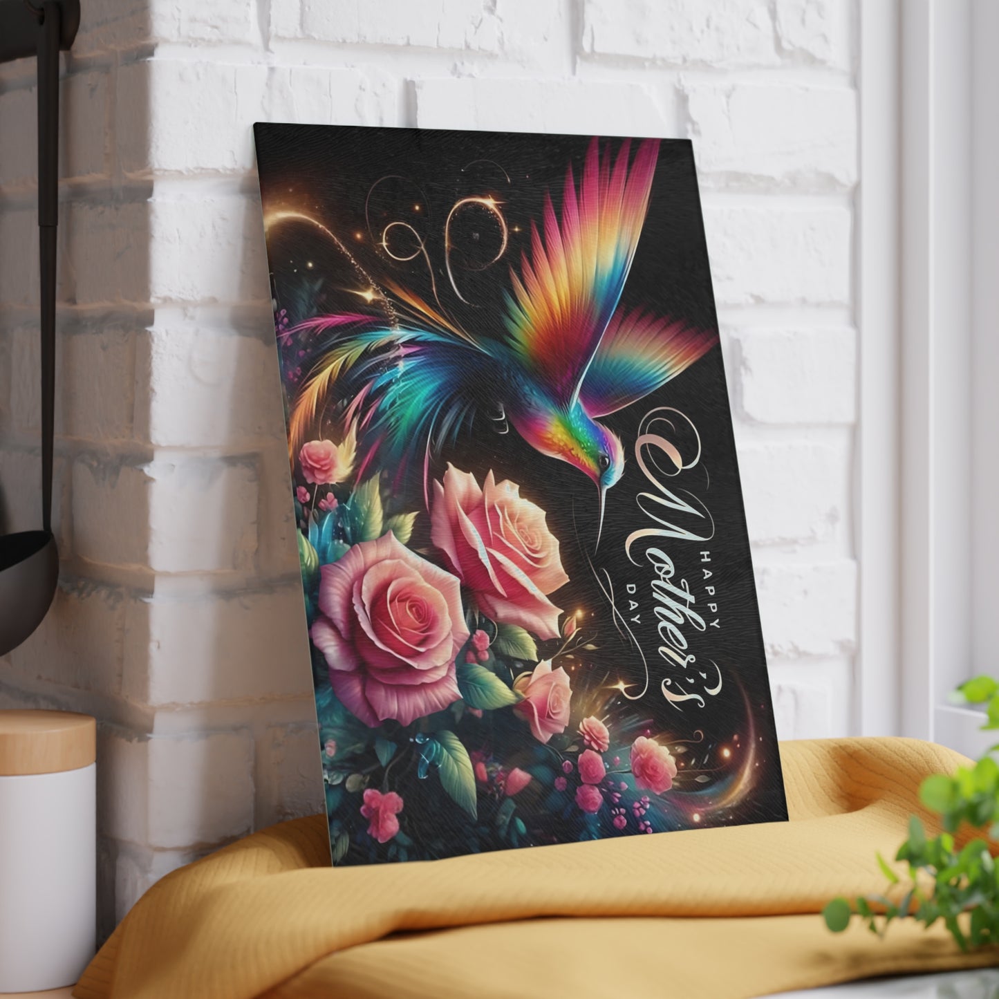 Hummingbird & Roses Tempered Glass Cutting Board – Floral Kitchen Decor, Spring Gift, Mother’s Day Present