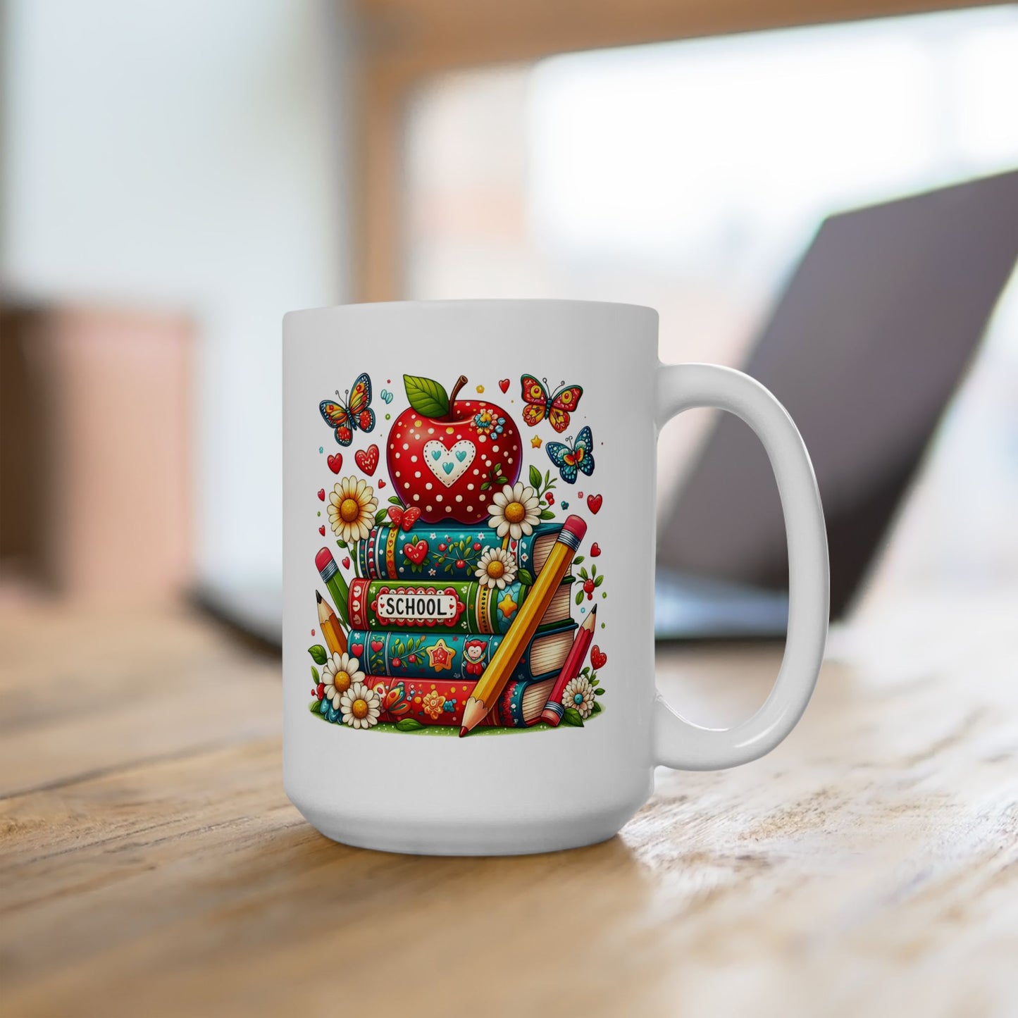 🍎 Teacher Love Back-to-School Mug – Bright Books & Butterflies 🌼