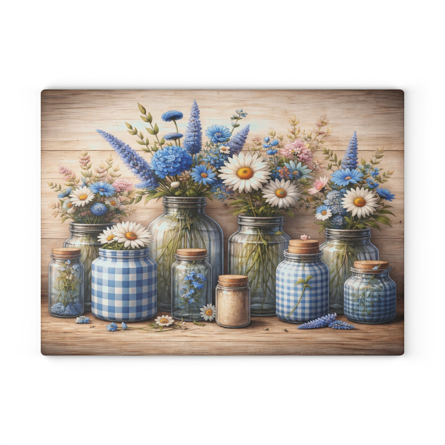 Blue Gingham Wildflower Mason Jar Glass Cutting Board – Rustic Farmhouse Kitchen Decor