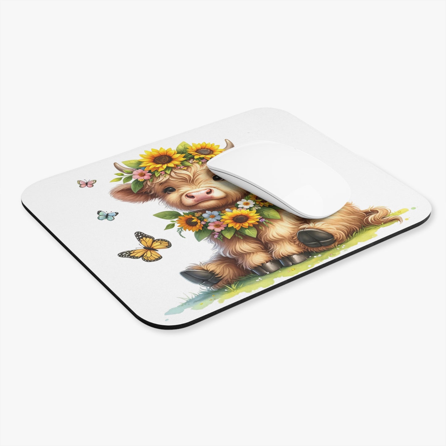 🖱️🌻🦋🐮 Highland Calf Sunflower Garland Mouse Pad – Bright Country Sweetness for Your Desk