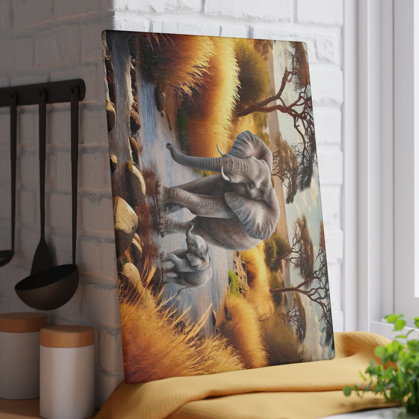 Mama Elephant and baby tempered glass cutting board