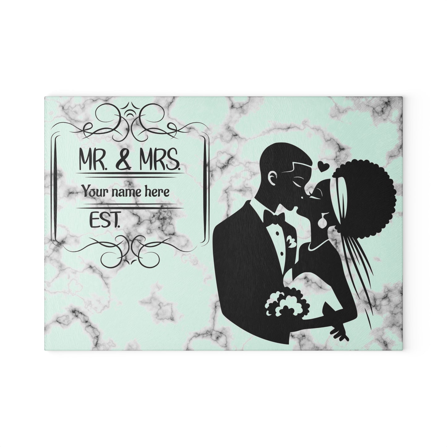 Tabla de cortar de mármol menta para pareja besándose: regalo de boda personalizado con apellido y año