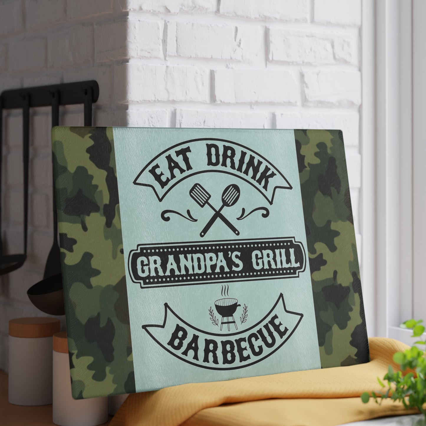 🍖🔥 EAT DRINK GRANDPA’S GRILL BARBEQUE – Camo Glass Cutting Board for Backyard Kings 🧢🍔