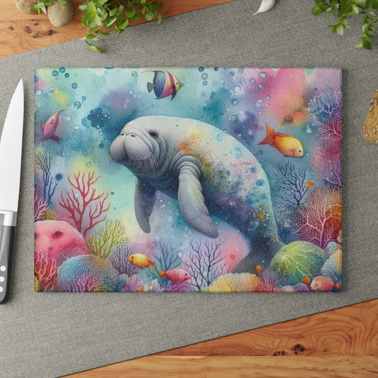 Tabla de cortar de manatí, vidrio texturizado, decoración de cocina de primavera de Florida, regalo para el hogar costero, inauguración de la casa en la playa, amante de los manatíes, arte marino, náutico