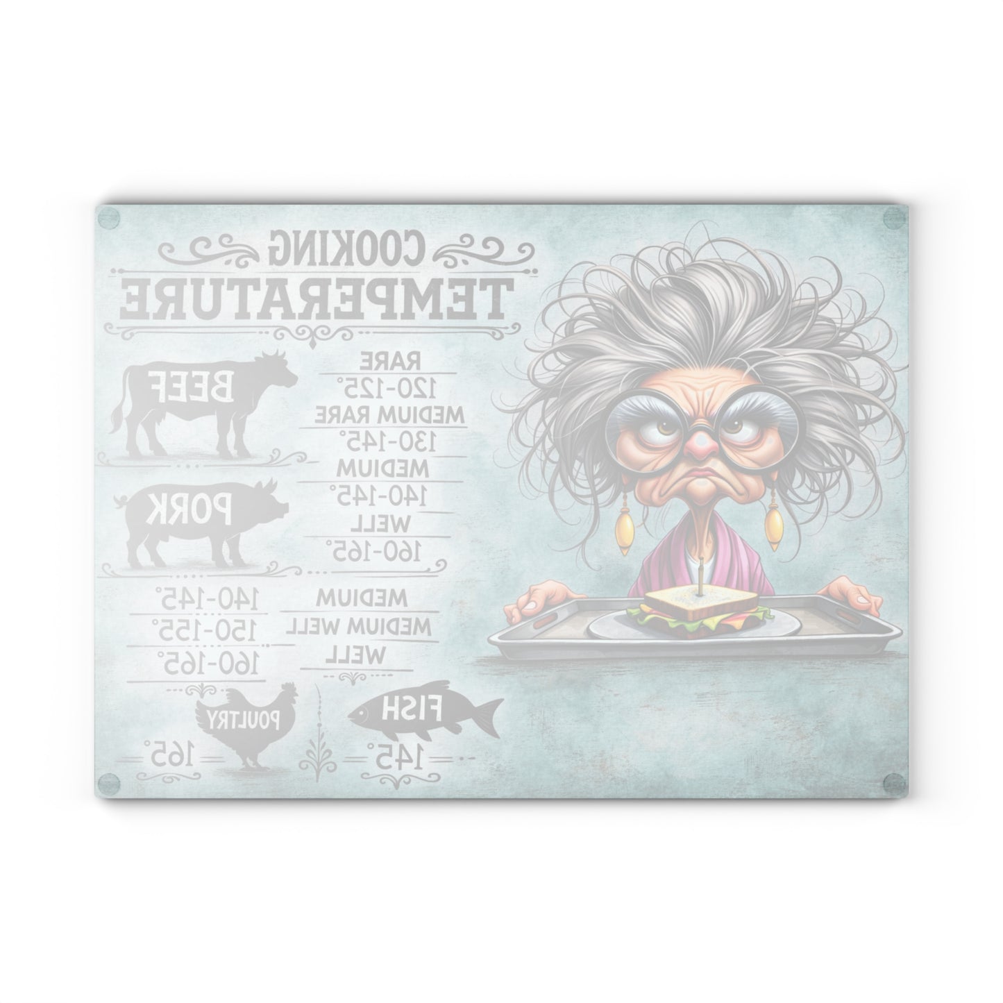 Cooking Temperature Guide Glass Cutting Board – Funny Kitchen Conversion & Meat Temperature Chart Decor