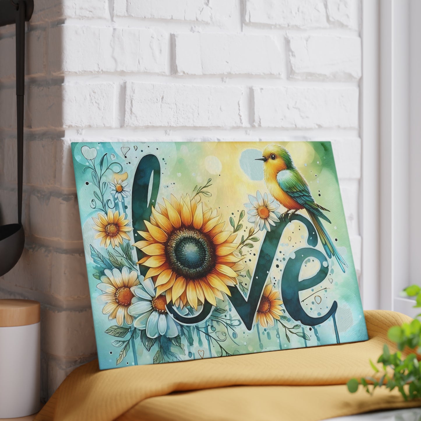 Tabla de cortar Love con diseño de pájaro y girasol