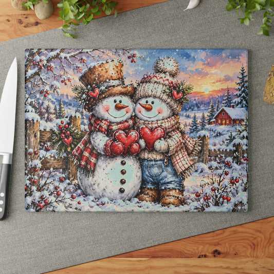 Adorable Snowman Couple Holding Hearts Tempered Glass Cutting Board – Rustic Winter Farmhouse Art – 11 × 15 Inches