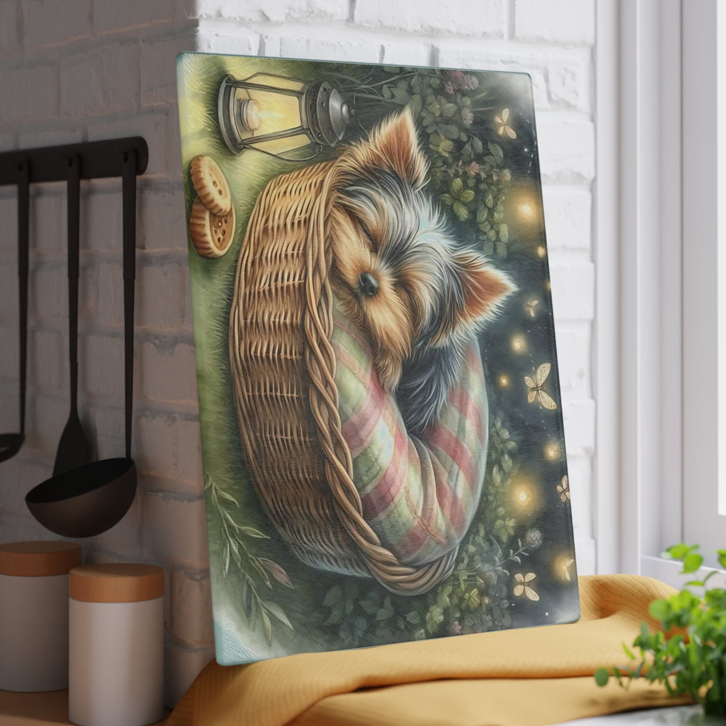 🐾✨ Sleeping Yorkie in Basket Cutting Board – Dreamy Garden Charm for Your Kitchen 🌙🕯️
