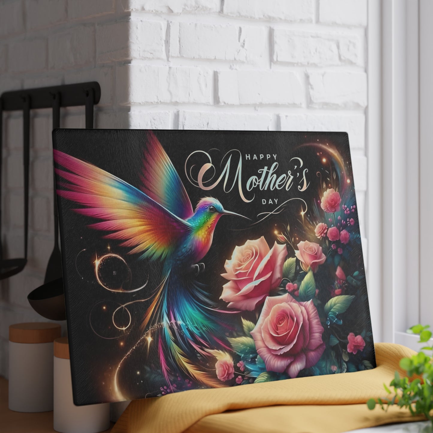 Hummingbird & Roses Tempered Glass Cutting Board – Floral Kitchen Decor, Spring Gift, Mother’s Day Present