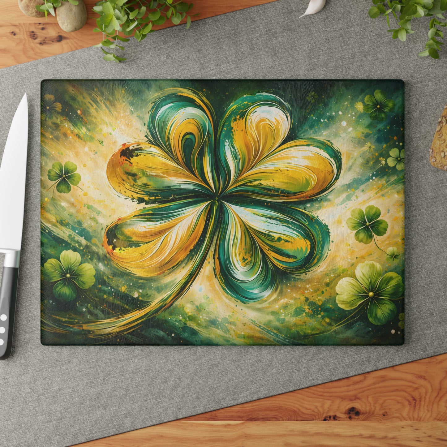 St. Patrick’s Day Clover Glass Cutting Board – Festive Green Shamrock Kitchen Accent
