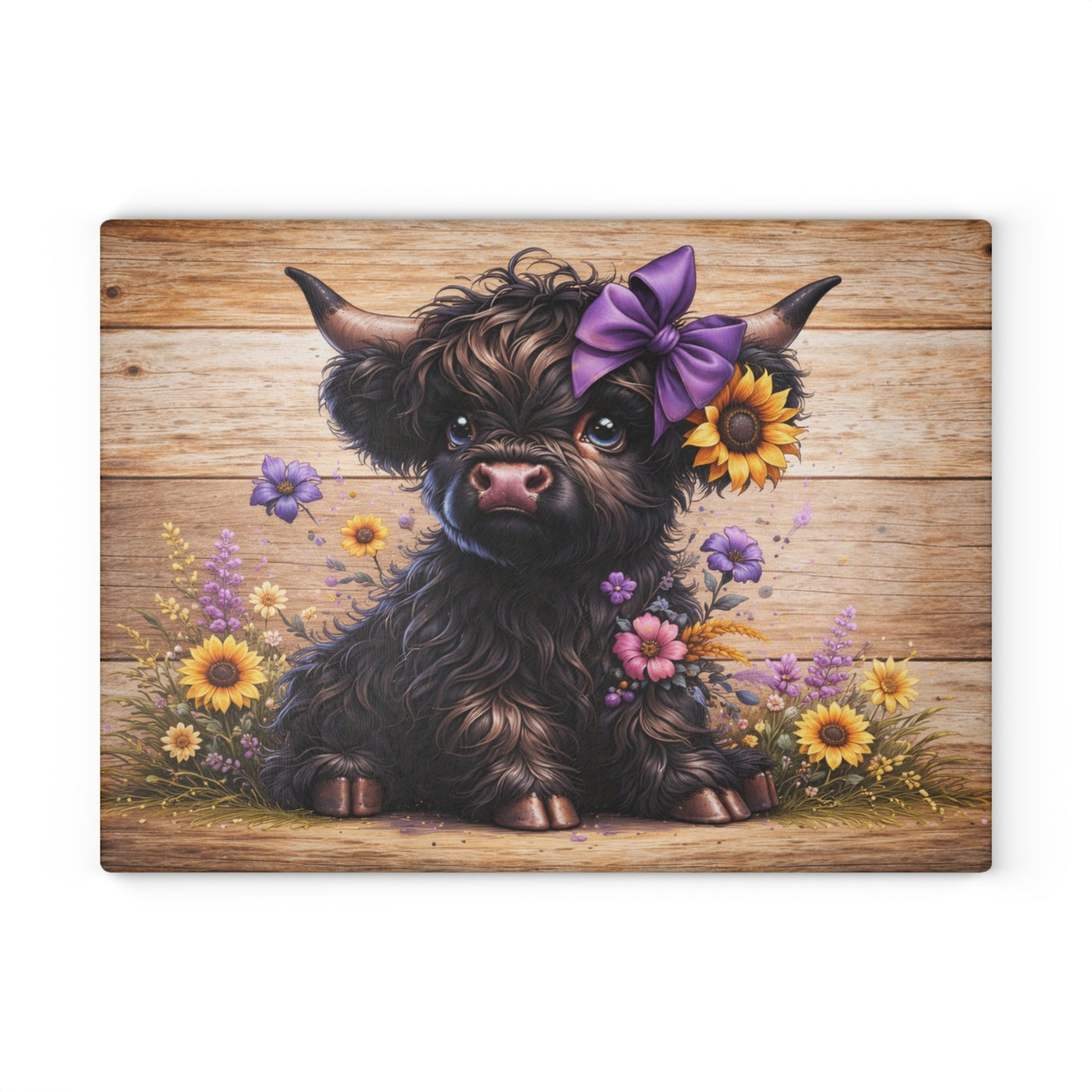 Sunflower Bow Highland Calf Glass Cutting Board – Rustic Farm Animal Art with Floral Country Charm