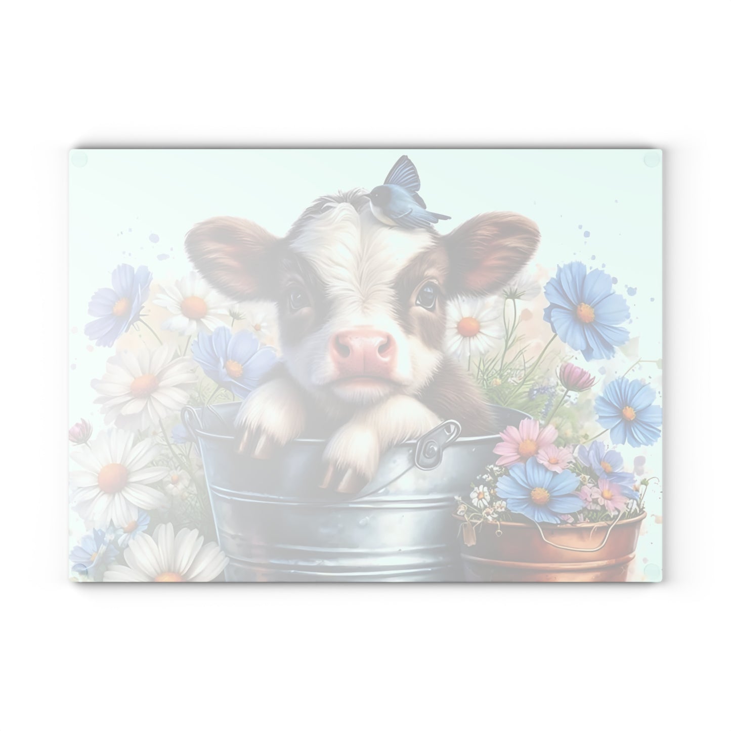 🐮 Baby Cow in Bucket with Blue Daisies Cutting Board – Farmhouse Charm for Your Kitchen 🌼