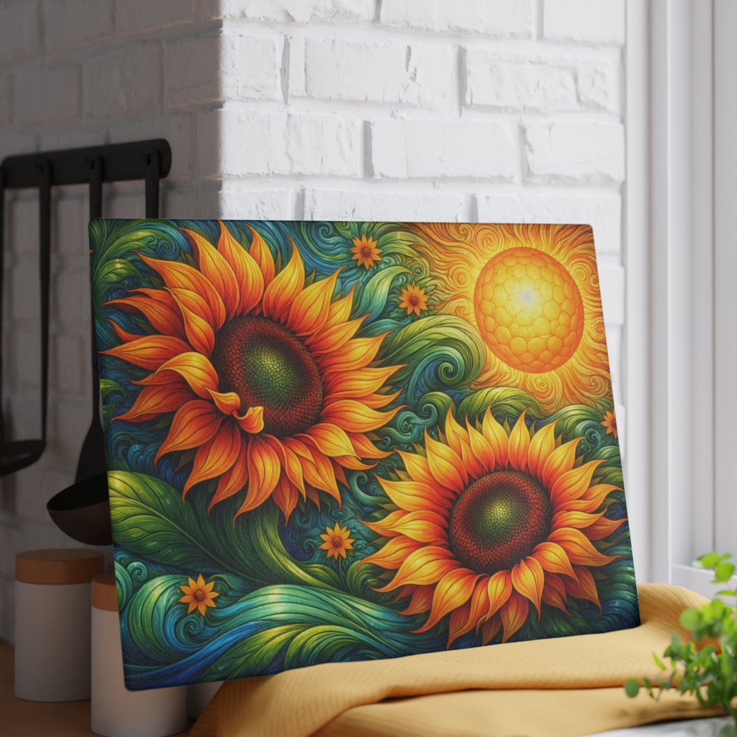 Sunflower Swirl Glass Cutting Board – Vibrant Farmhouse Kitchen Decor