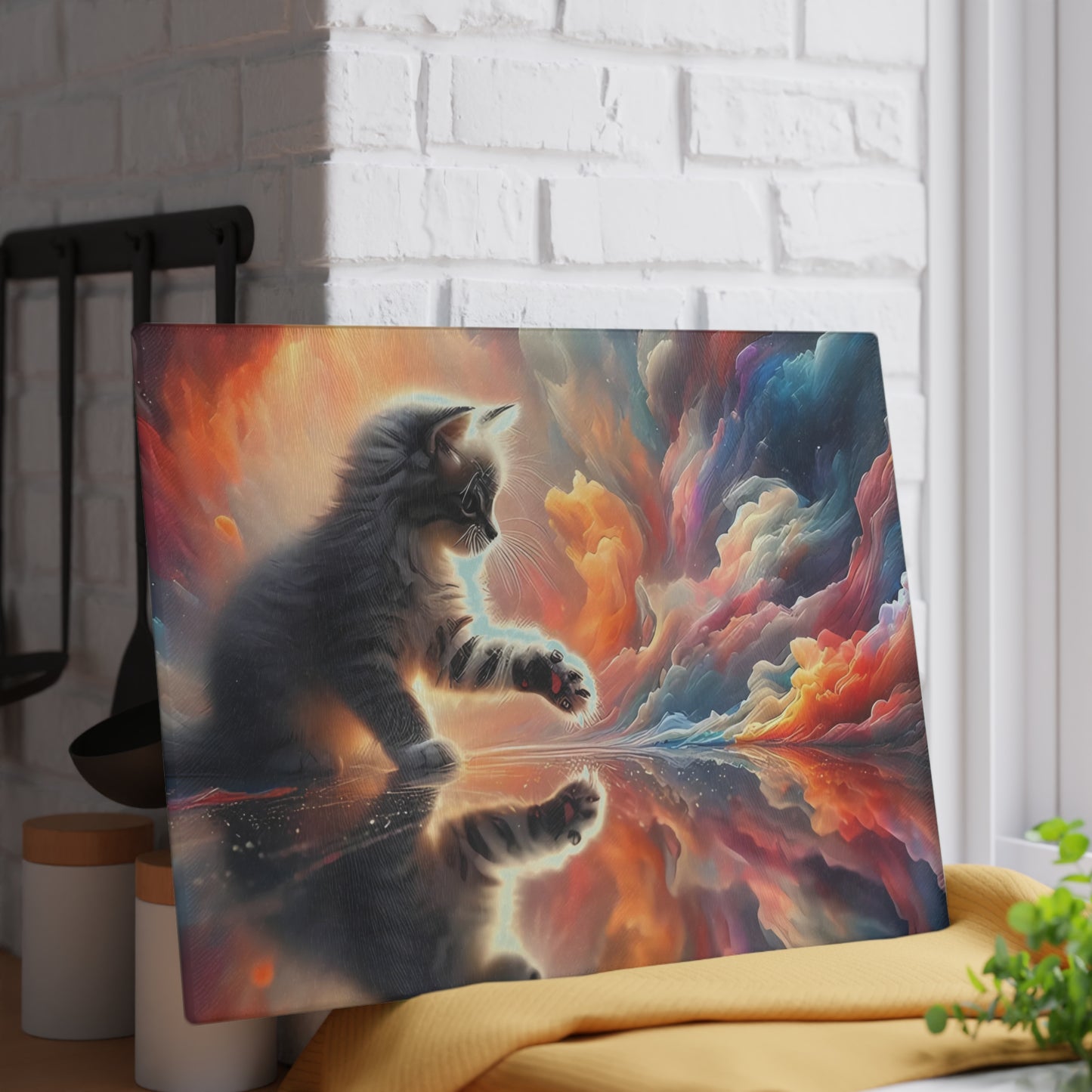 Tabla de cortar con diseño de gatito celestial: decoración de cocina con un toque de fantasía galáctica