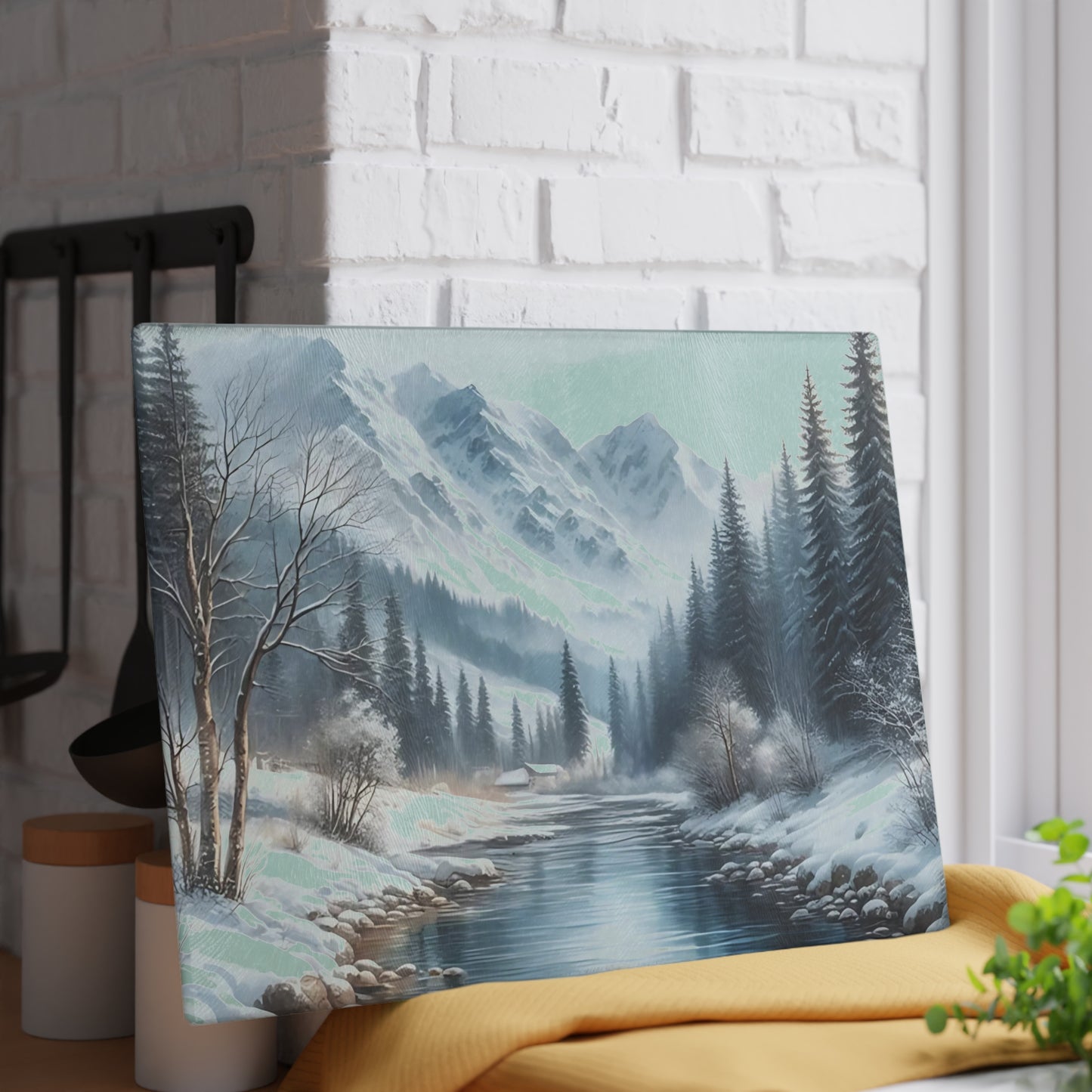 🏔️ Snowy Mountain River Cutting Board – Winter Tranquility for Your Kitchen ❄️