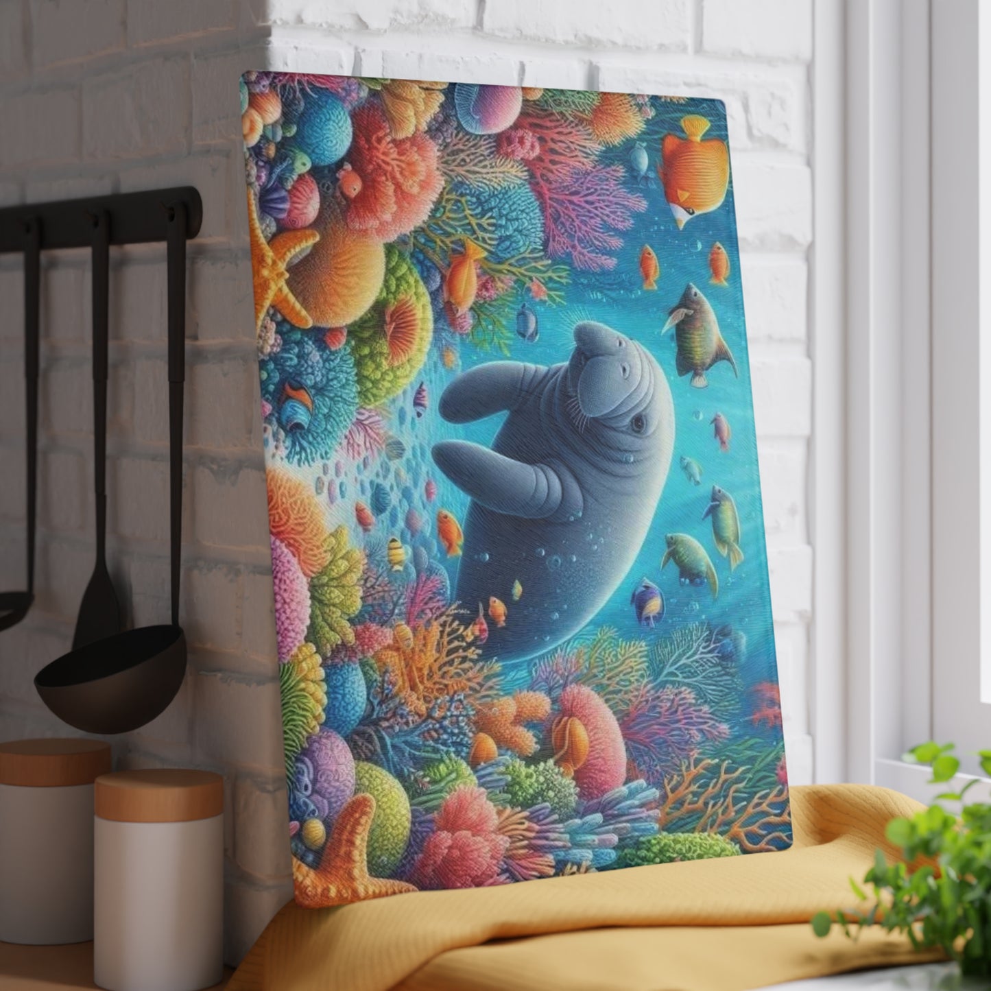 Manatee Cutting Board Textured Glass Florida Spring Kitchen Decor Coastal Home Gift Beach Housewarming Manatee Lover Sea Life Art Nautical