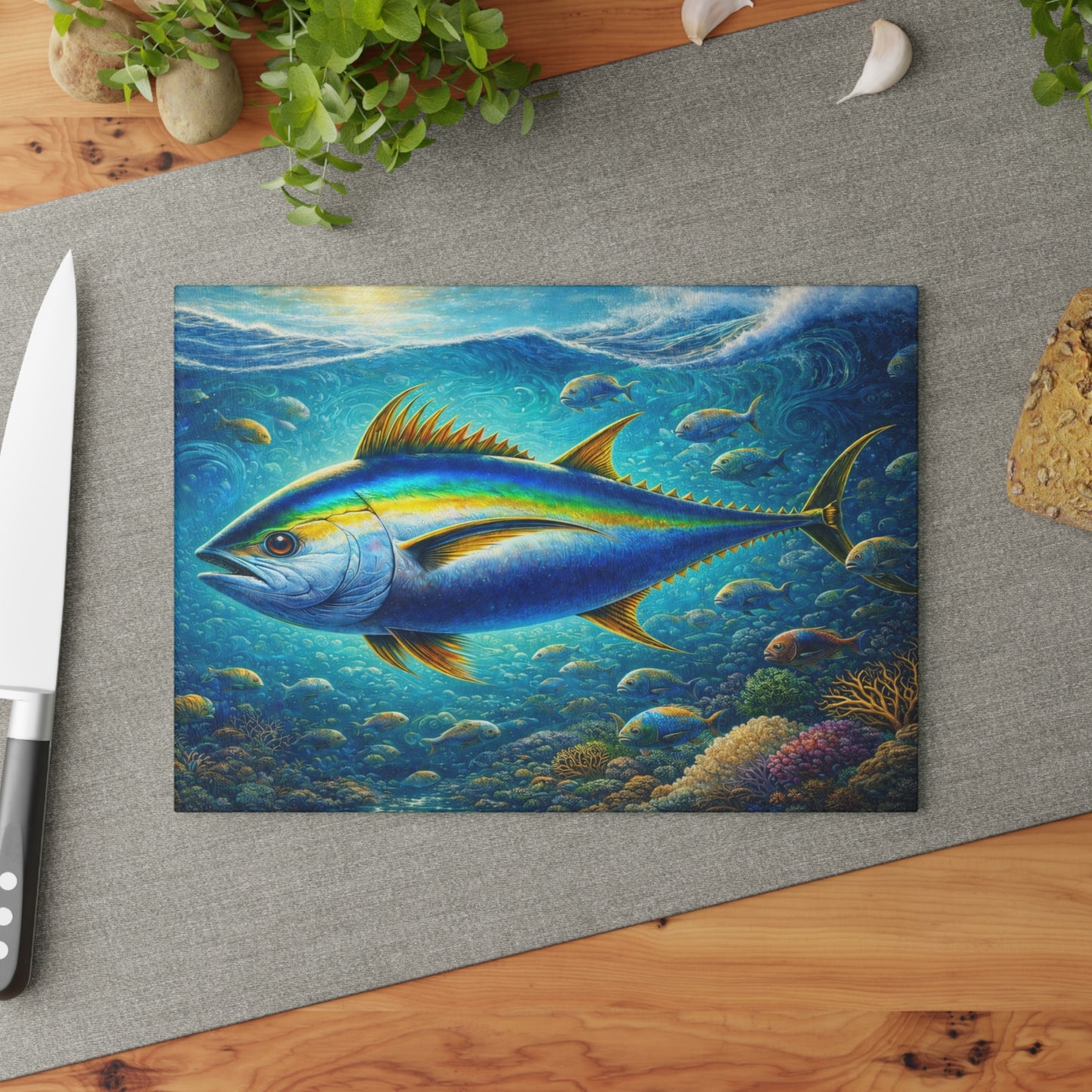 Majestic Ocean Current Fish Glass Cutting Board – Vivid Underwater Reef Artwork