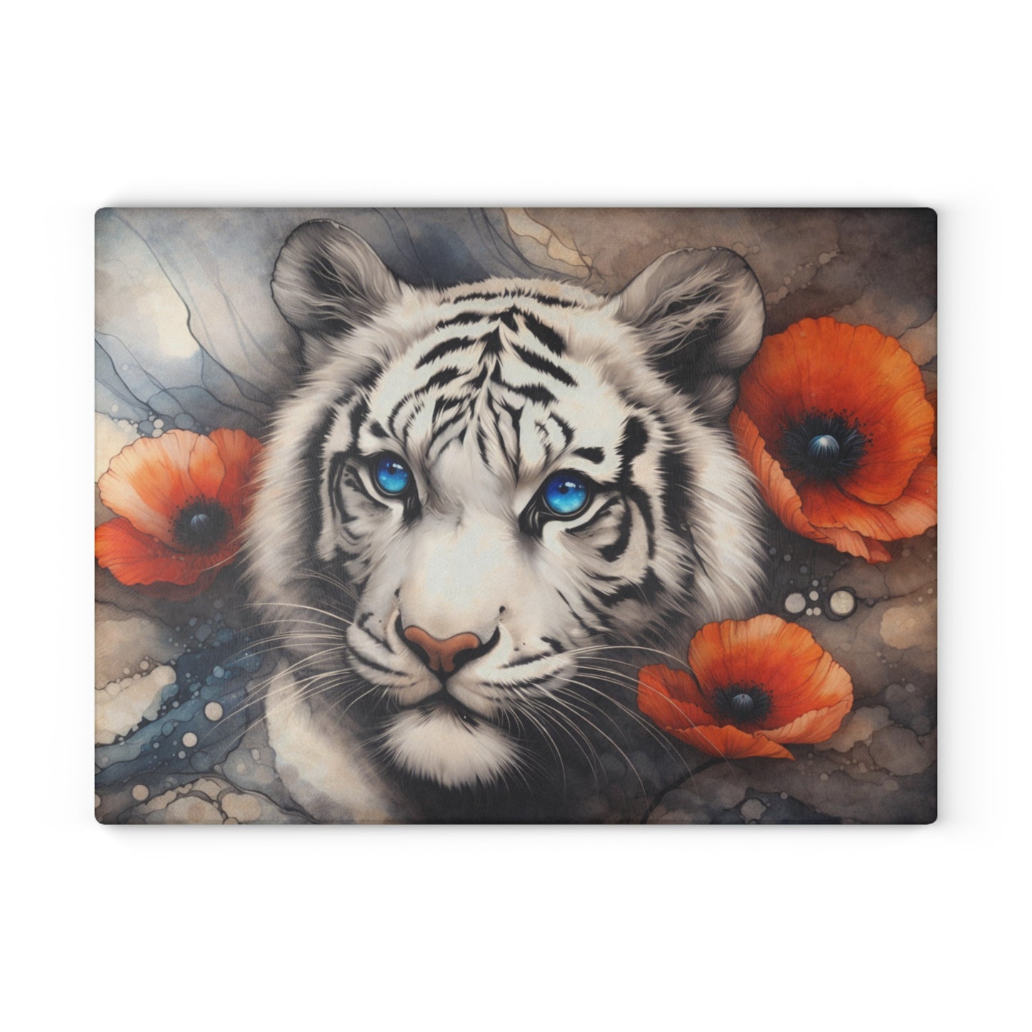 White Tiger with Blue Eyes Glass Cutting Board – Elegant Wildlife Floral Artwork