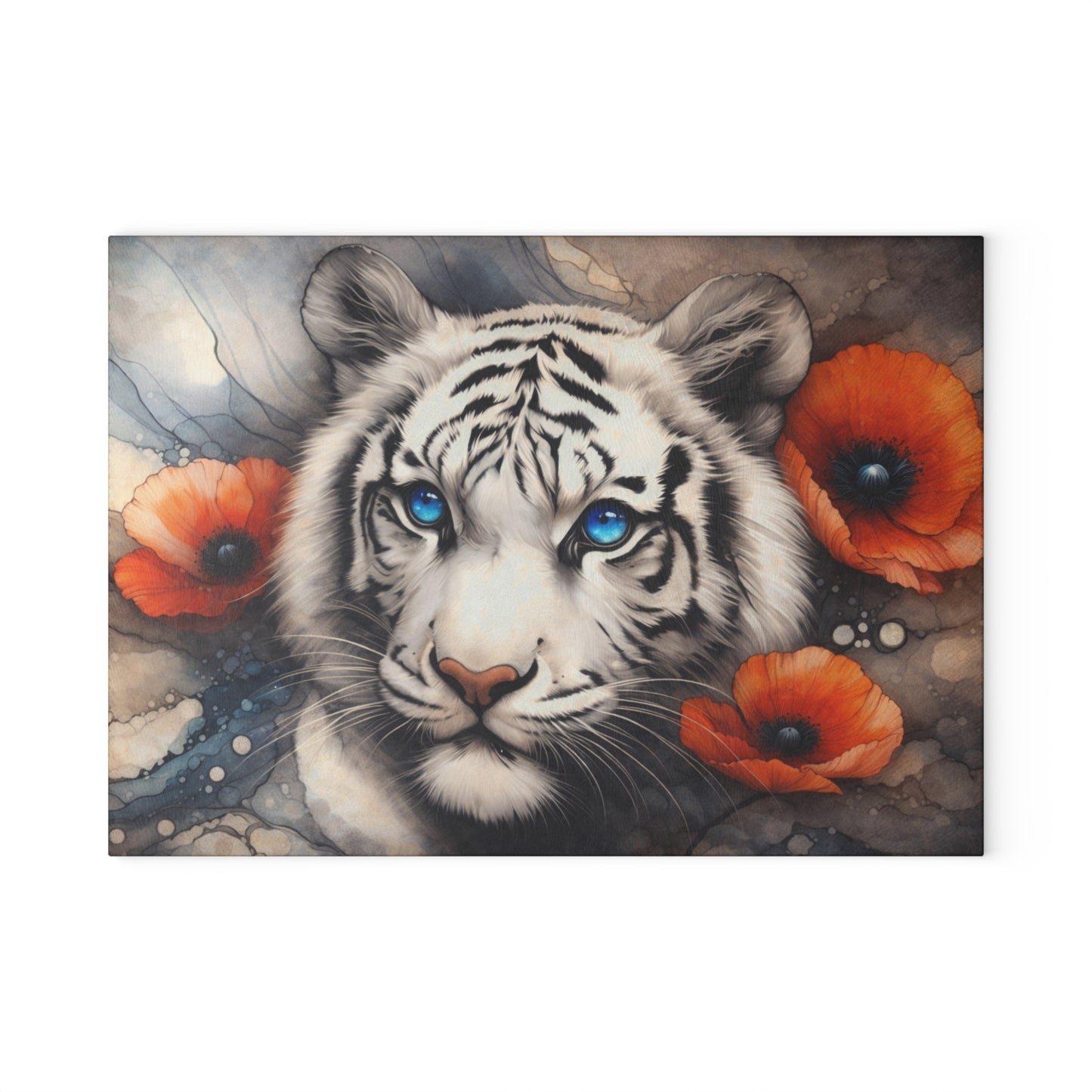 White Tiger with Blue Eyes Glass Cutting Board – Elegant Wildlife Floral Artwork