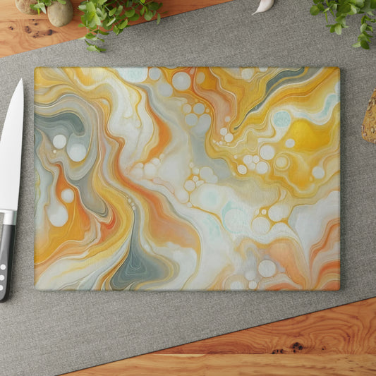 Tabla de cortar de vidrio templado con efecto mármol amarillo, gris y naranja: elegante decoración de cocina con aspecto de mármol, ideal para regalar y funcional.