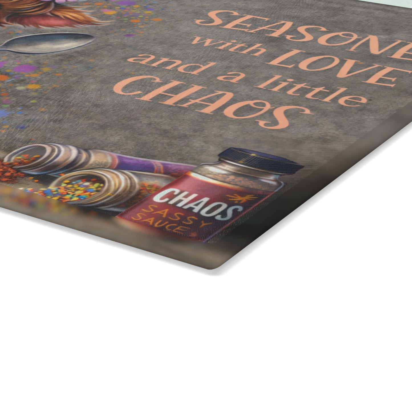Seasoned With Love and a Little Chaos Glass Cutting Board