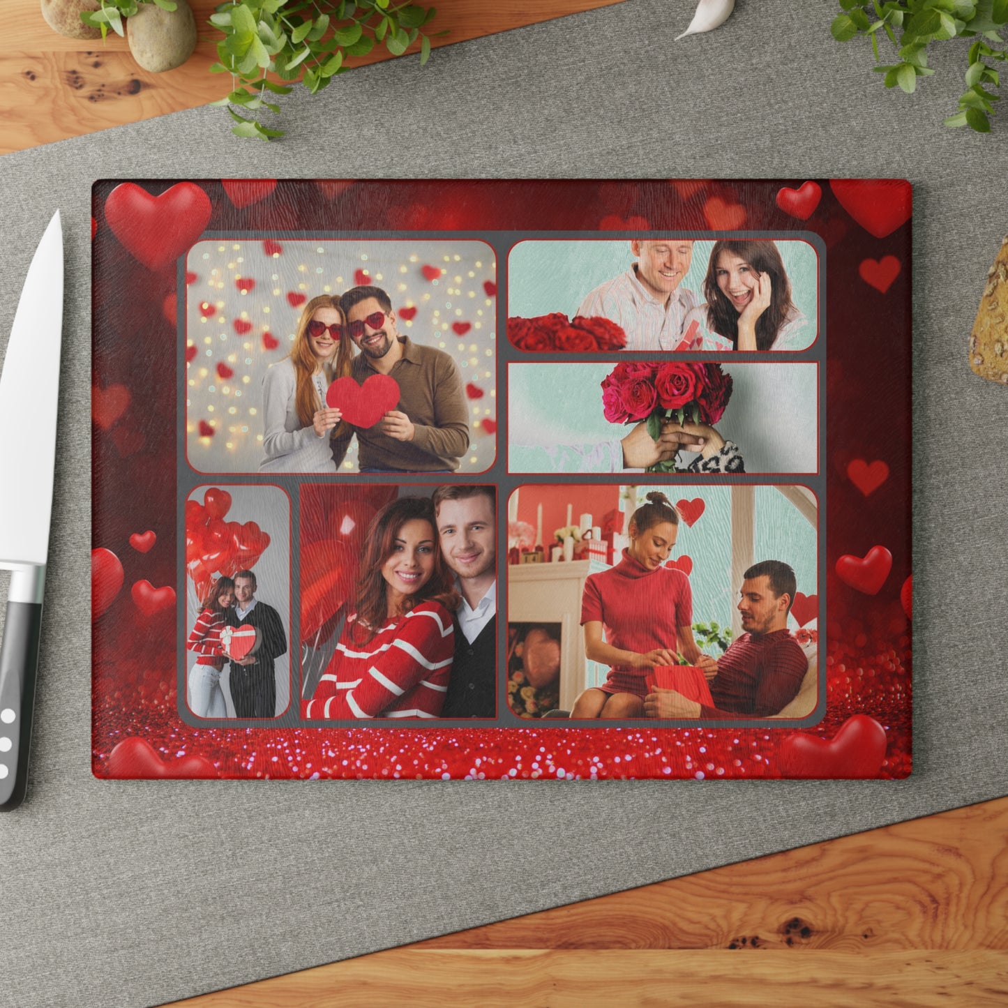 Happy Valentine’s Day Photo Collage Glass Cutting Board – Personalized Romantic Keepsake
