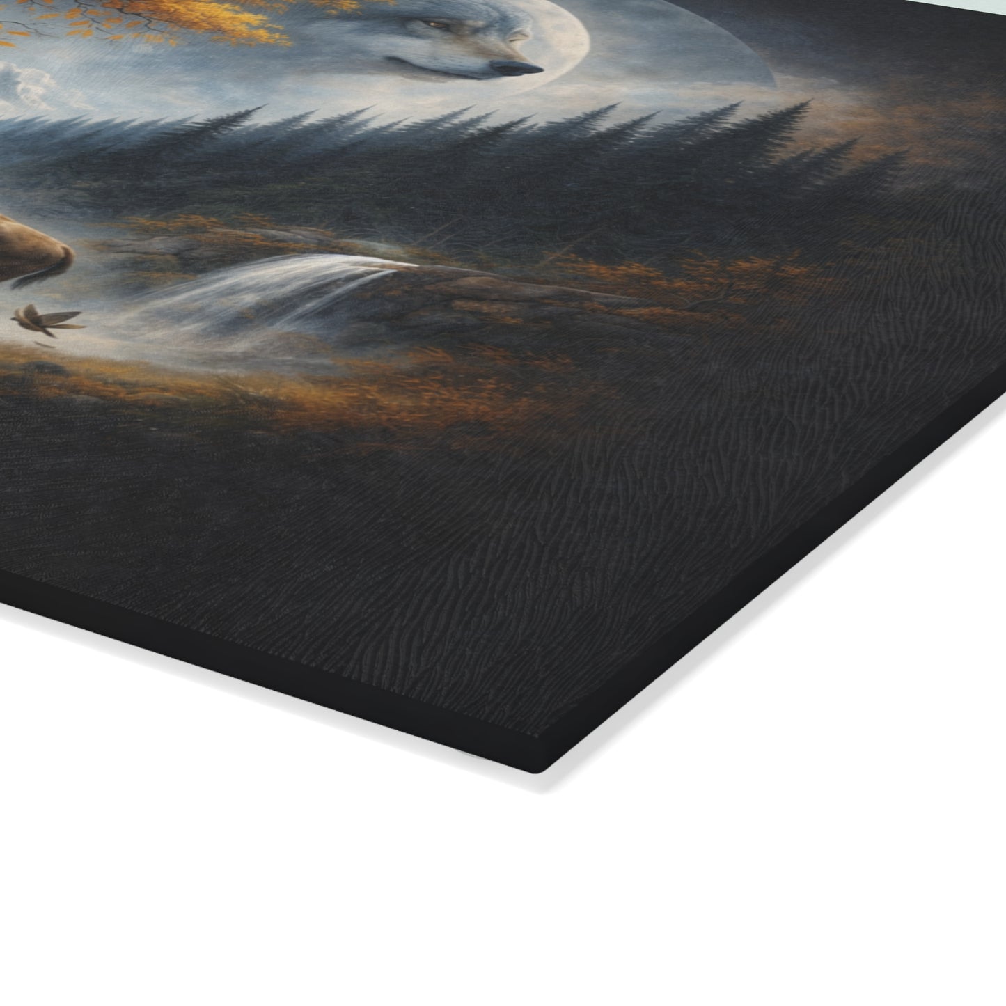 Moonlit Wolf Spirit Forest Glass Cutting Board – Mystical Wildlife Landscape Kitchen Art