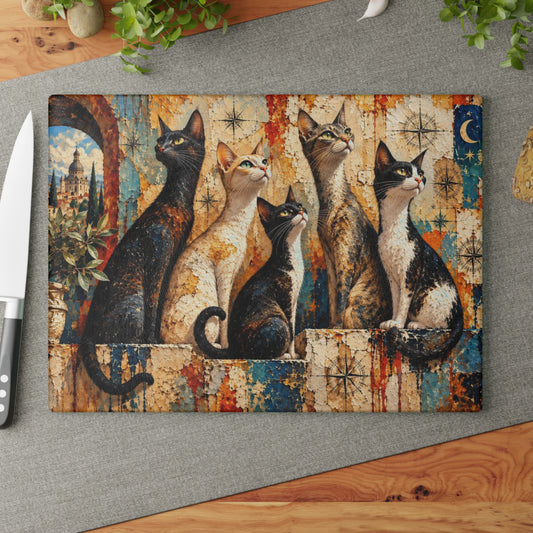 Five Curious Cats Tempered Glass Cutting Board – Colorful Mediterranean Cat Artwork – 11 × 15 Inches