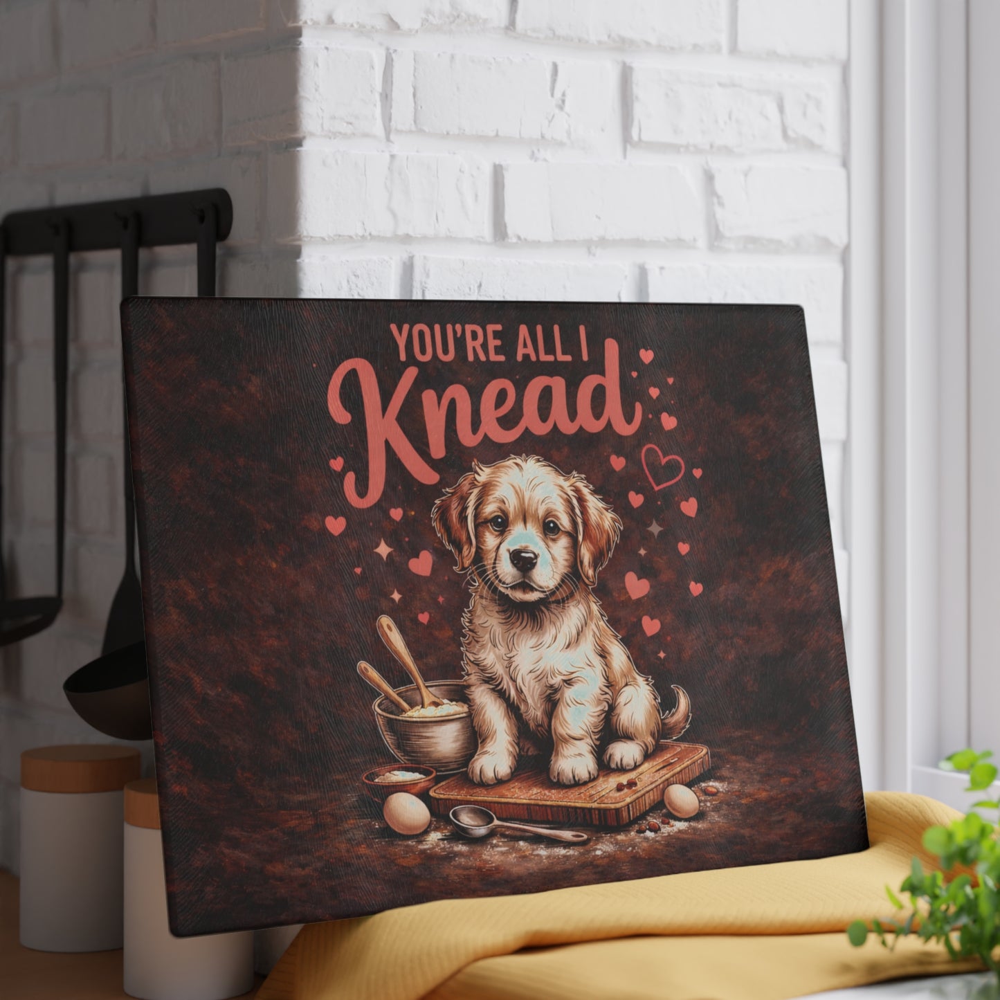 You’re All I Knead Puppy Glass Cutting Board – Cute Baking Dog Design with Heartfelt Humor