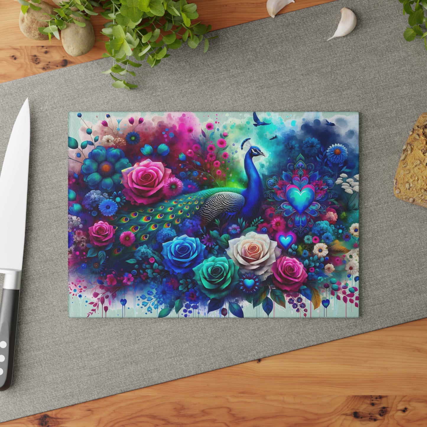 🦚🌹 Peacock Rainbow Floral Cutting Board – Vibrant Elegance Meets Artistic Charm 💙🌸