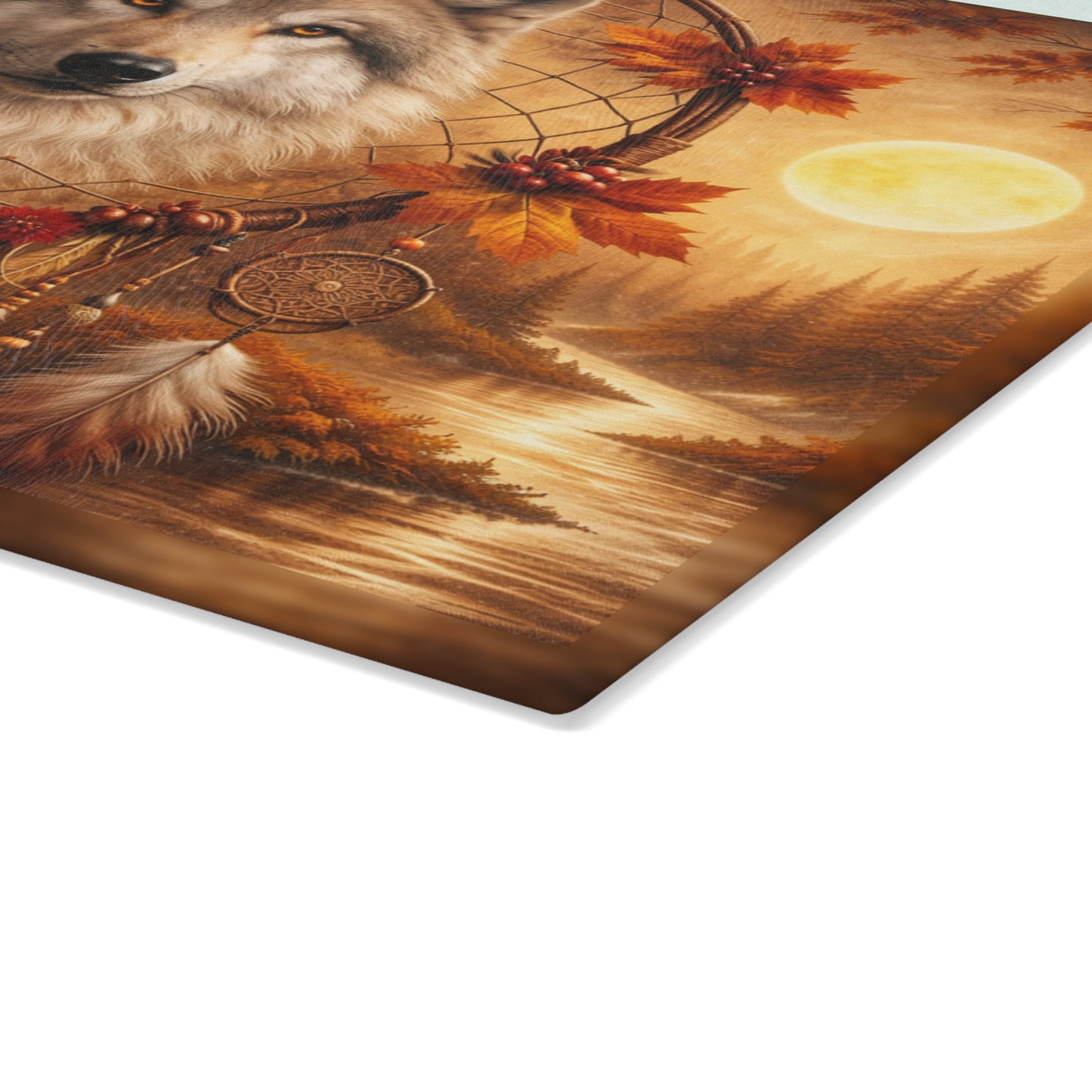 Autumn Wolf Dreamcatcher Glass Cutting Board – Rustic Woodland Wildlife Kitchen Art