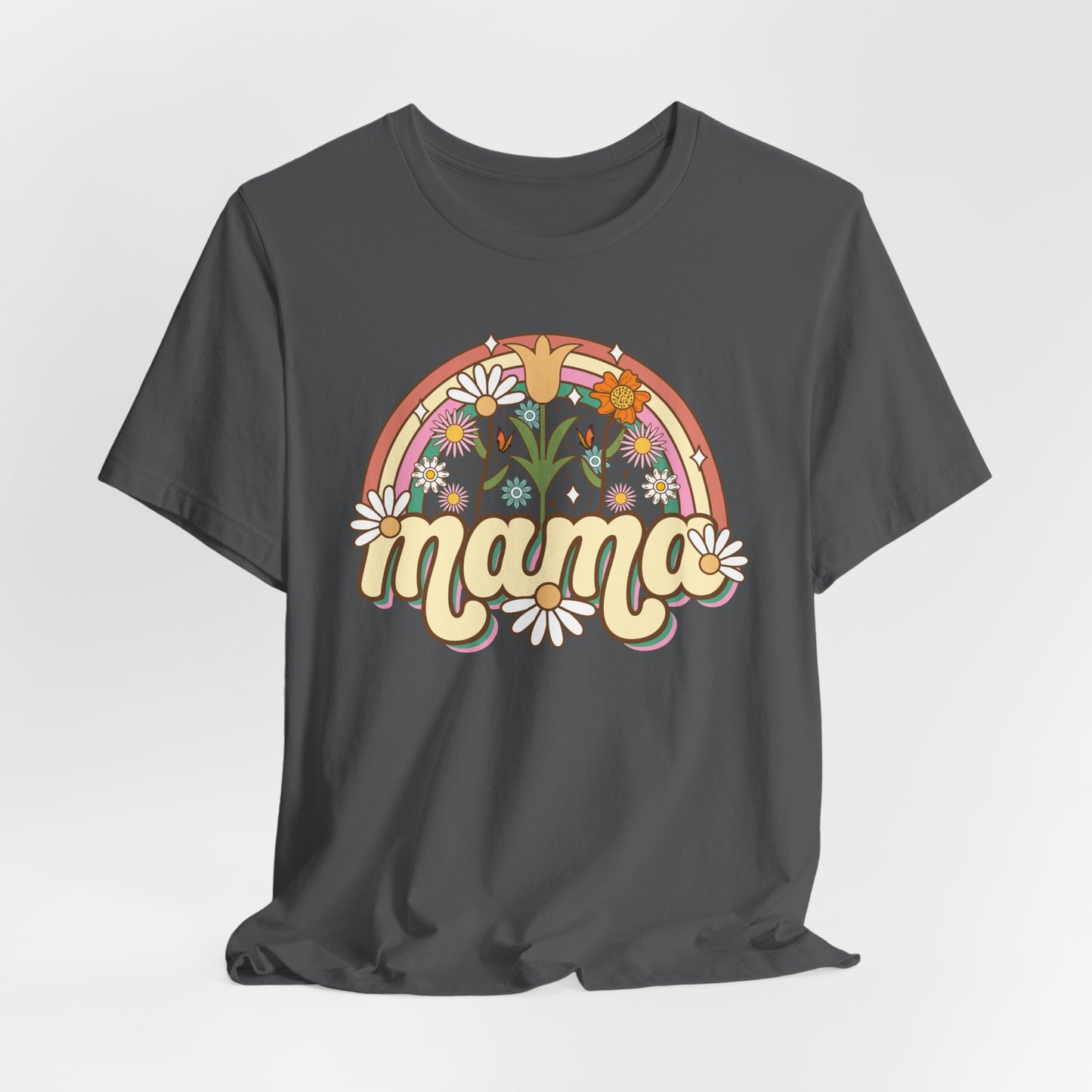 🌼🌈 Retro Floral Mama T-Shirt – Boho Rainbow Graphic Tee for Moms 🌻✨