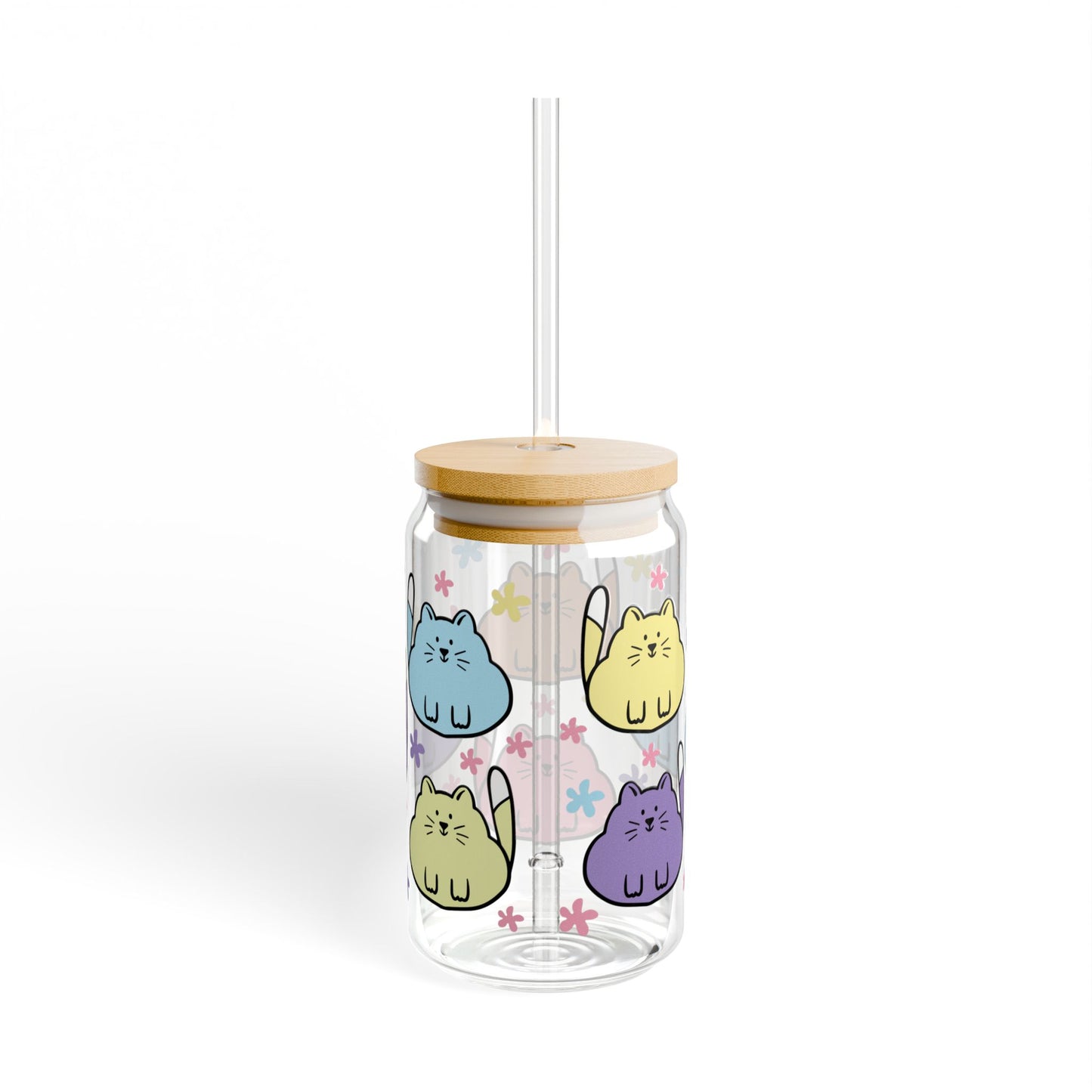 😸🌼 Colorful Cartoon Cat Sipper Glass – Whimsical 16oz Fun for Every Sip 🥤