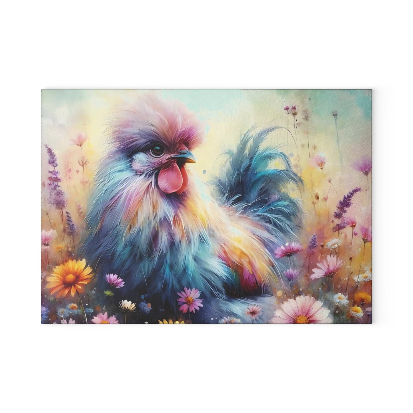 🌸🐔 Chicken in a Field of Wildflowers Glass Cutting Board – Serene & Charming Kitchen Accent