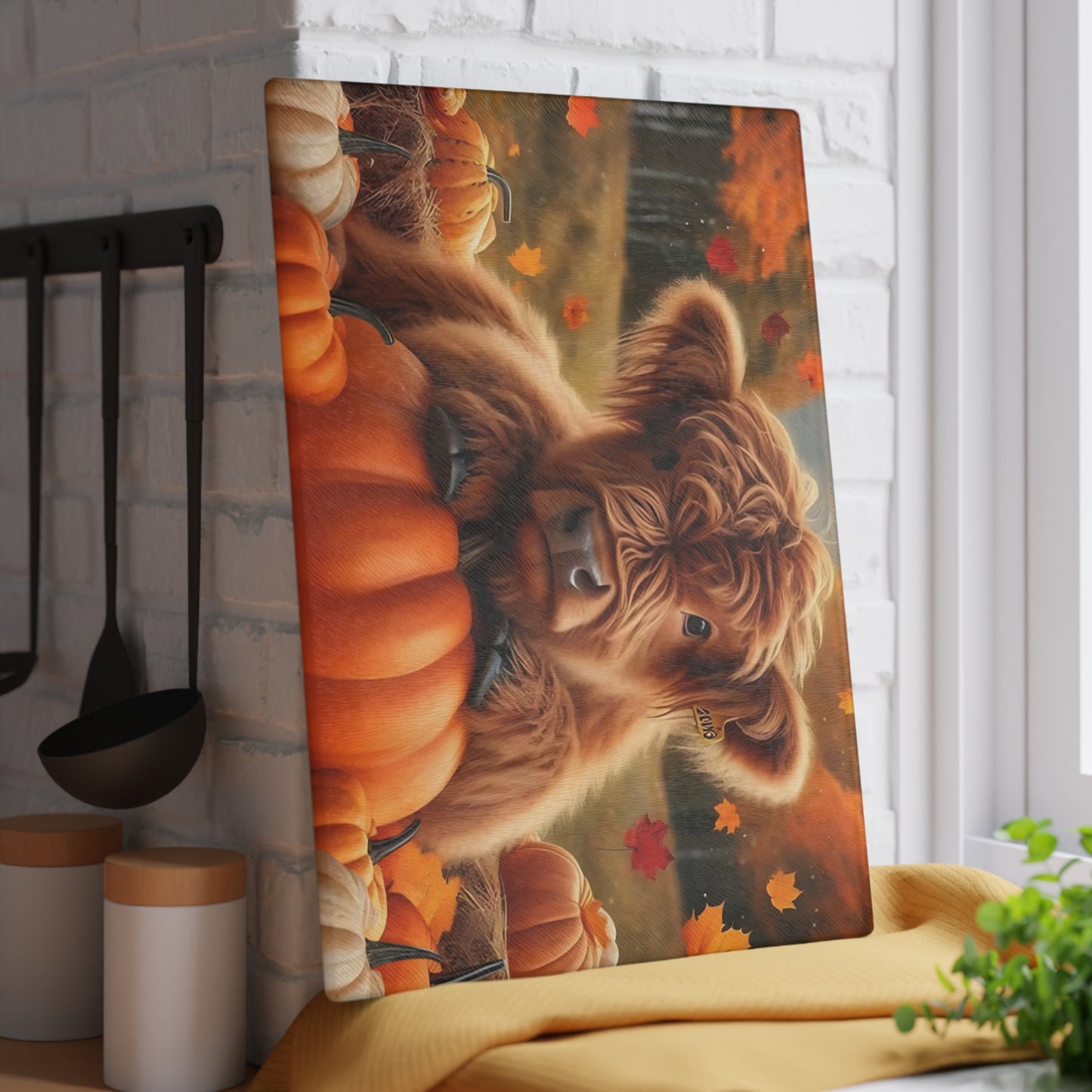 🍂🐮 Autumn Highland Calf Cutting Board – Rustic Fall Kitchen Décor with Pumpkins & Falling Leaves 🎃🍁