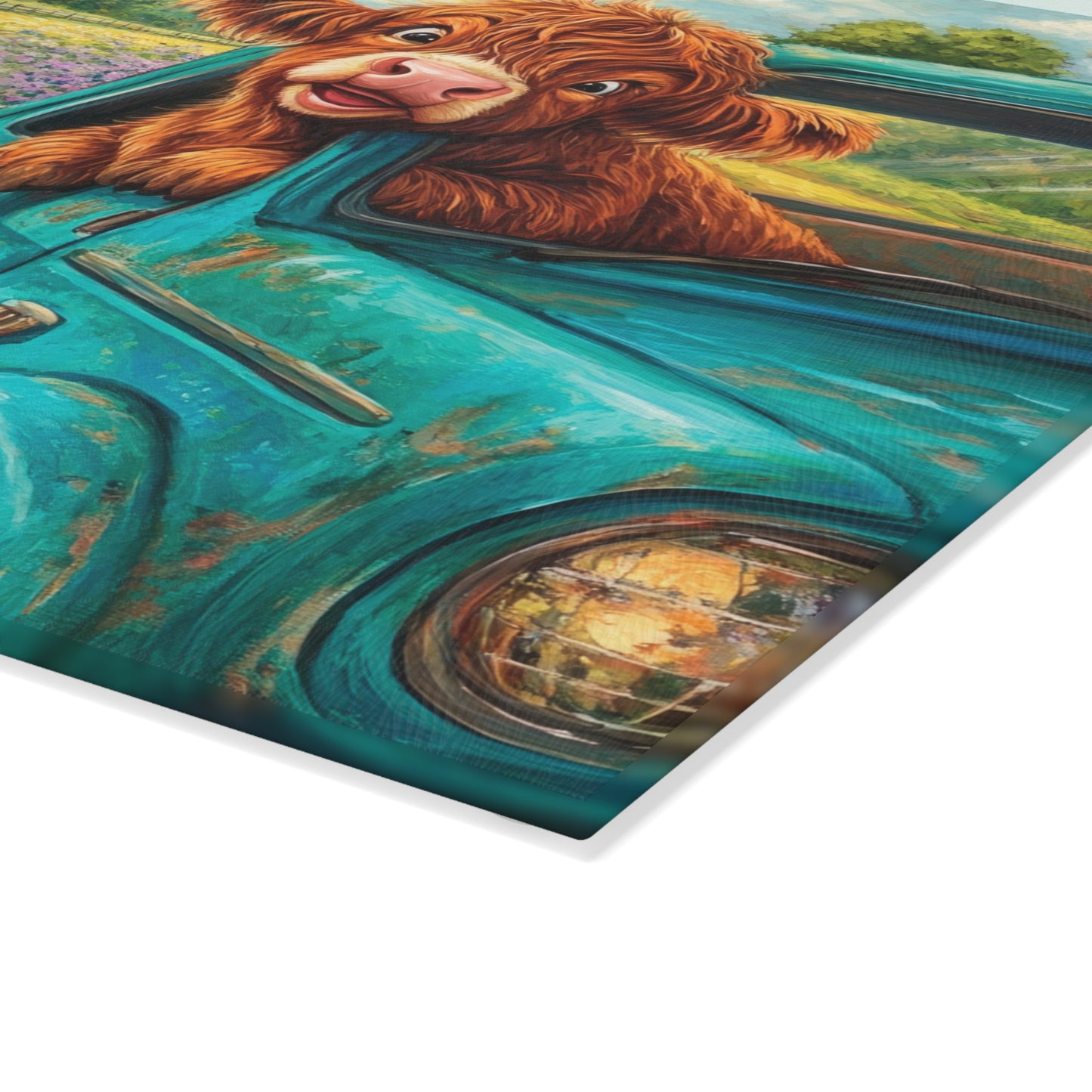 🚚🌼 Excited Baby Highland Cow in Old Truck Glass Cutting Board – Farm Road Joyride with Sunflowers & Barn 🐮🌻