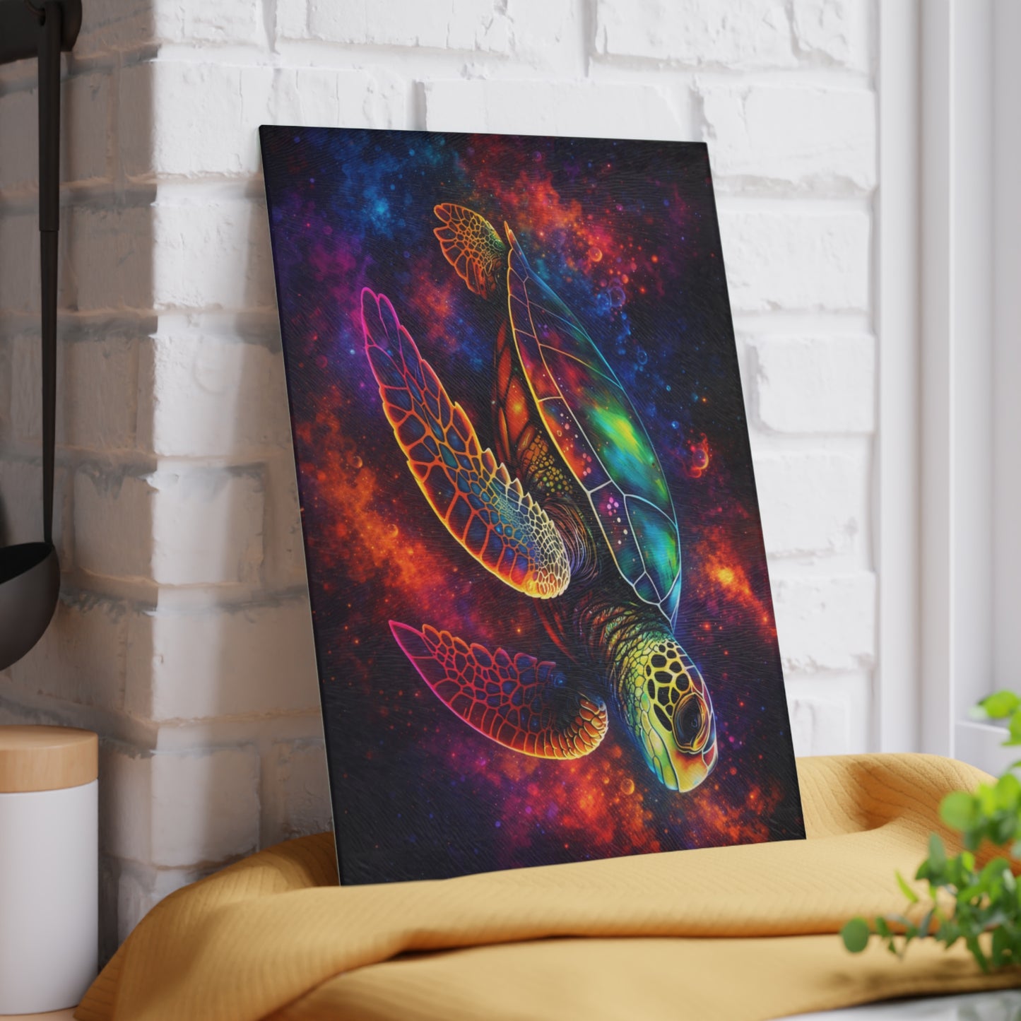 Cosmic Journey Glass Cutting Board – Vibrant Space Turtle Artwork