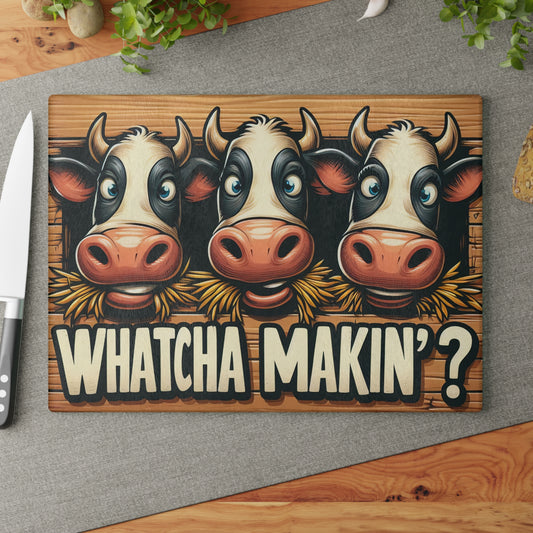 Tabla de cortar de vidrio "¿Qué haces?" – Humor de cocina con una vaca de dibujos animados 🧄🥕