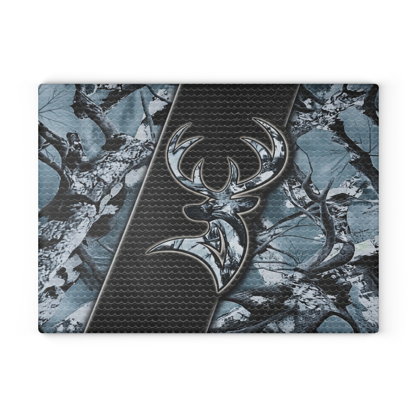 Camo Deer Buck Glass Cutting Board – Rustic Hunting Lodge Kitchen Art