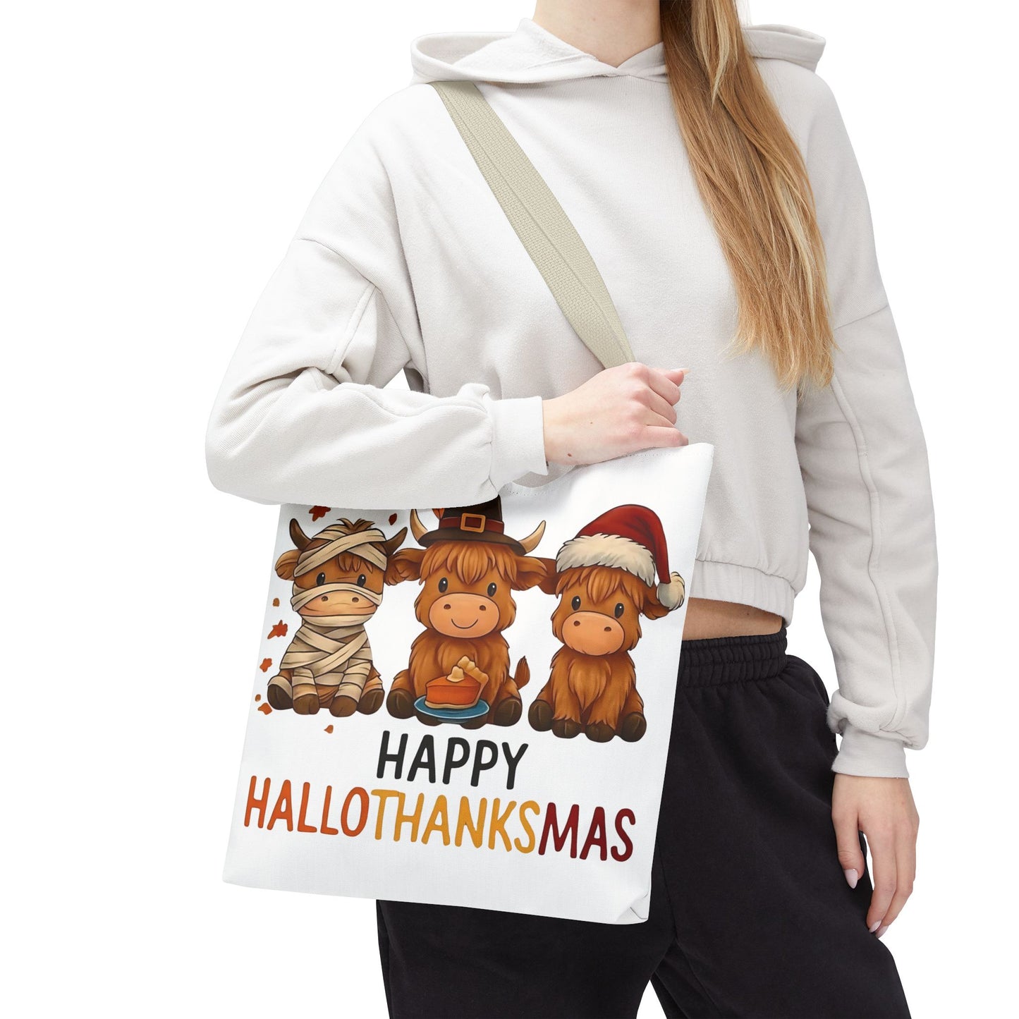 🐮 Happy Hallothanksmas Highland Cow Tote Bag – Holiday Fun All Season 🎃🦃🎄👜