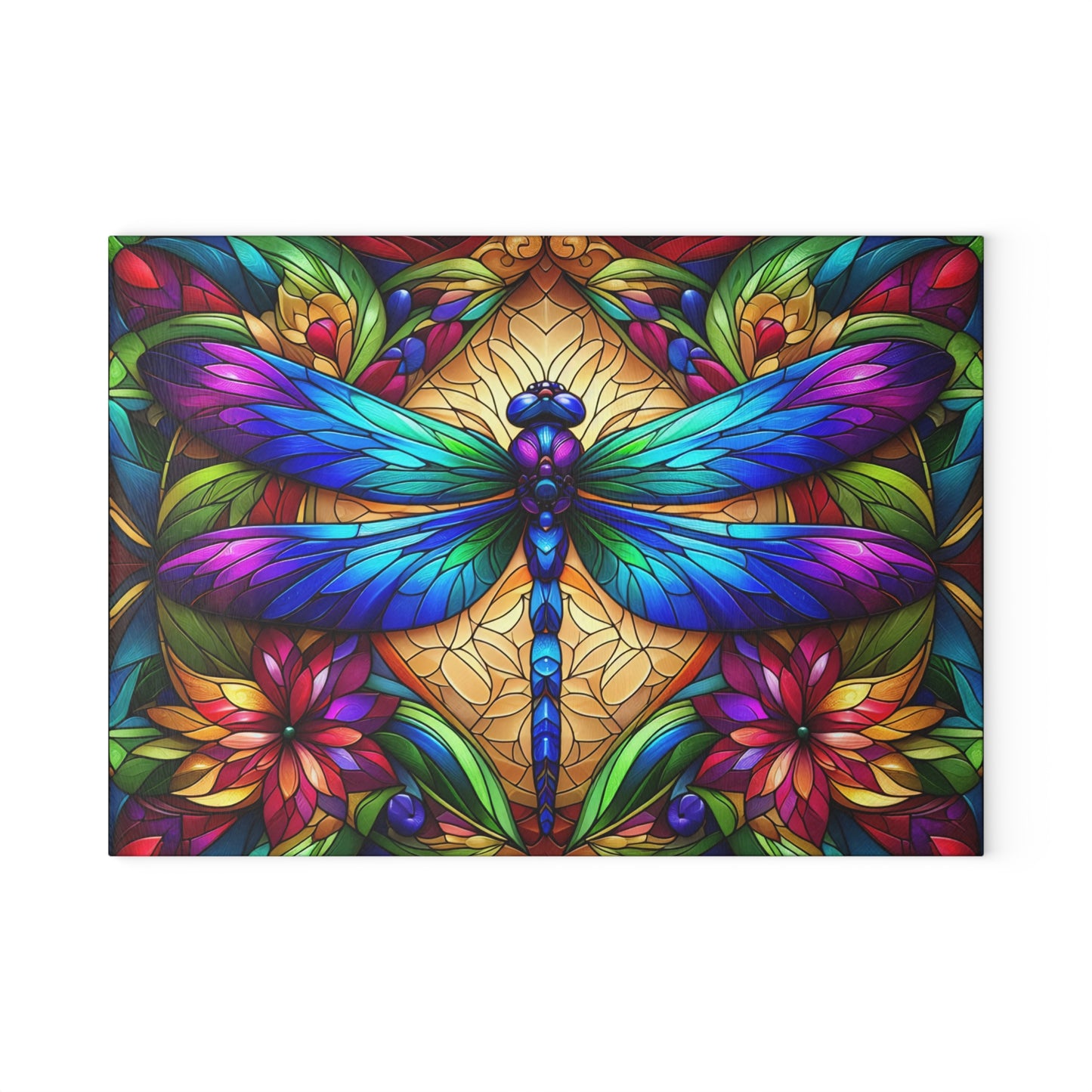 Stained Glass Dragonfly Glass Cutting Board – Colorful Botanical Art Kitchen Display