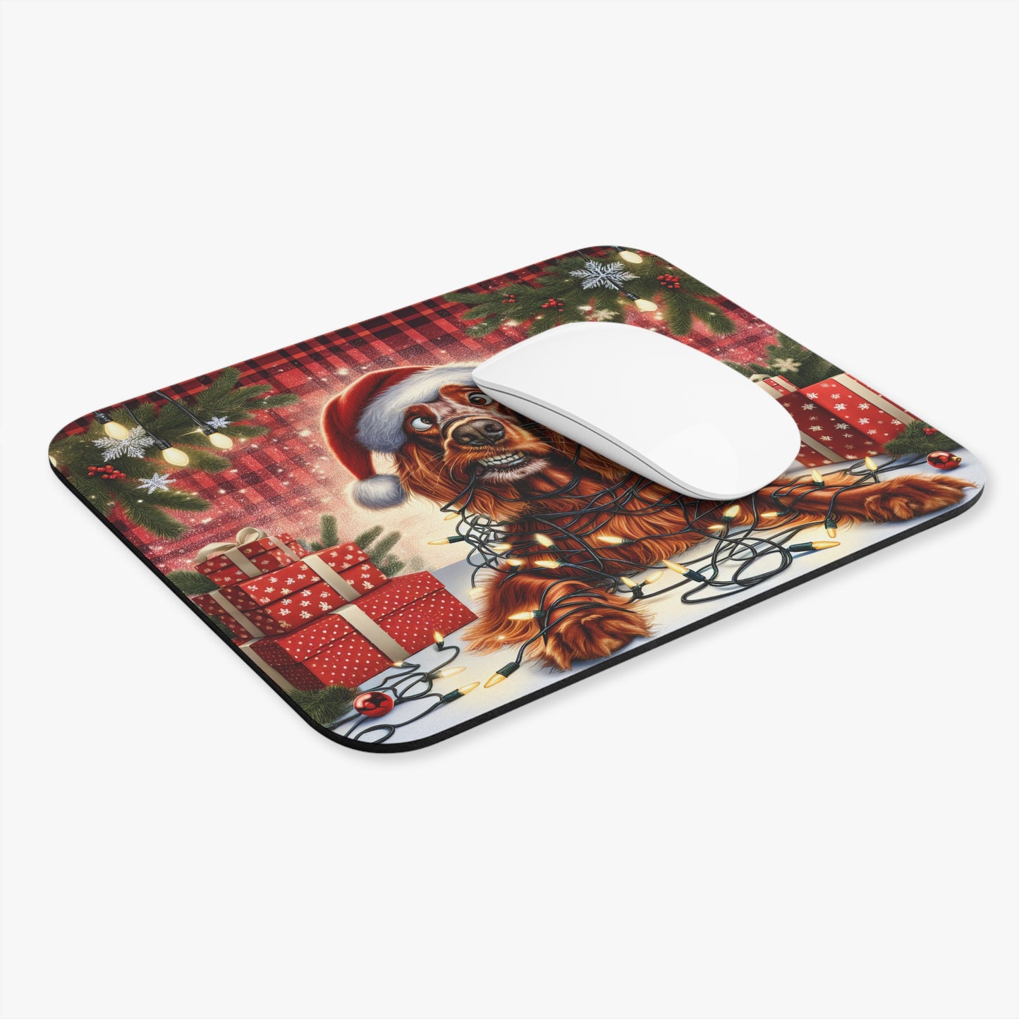 🖱️🎄🐶 Tangled Lights Christmas Dog Mouse Pad – Santa Hat & Plaid Holiday Cheer
