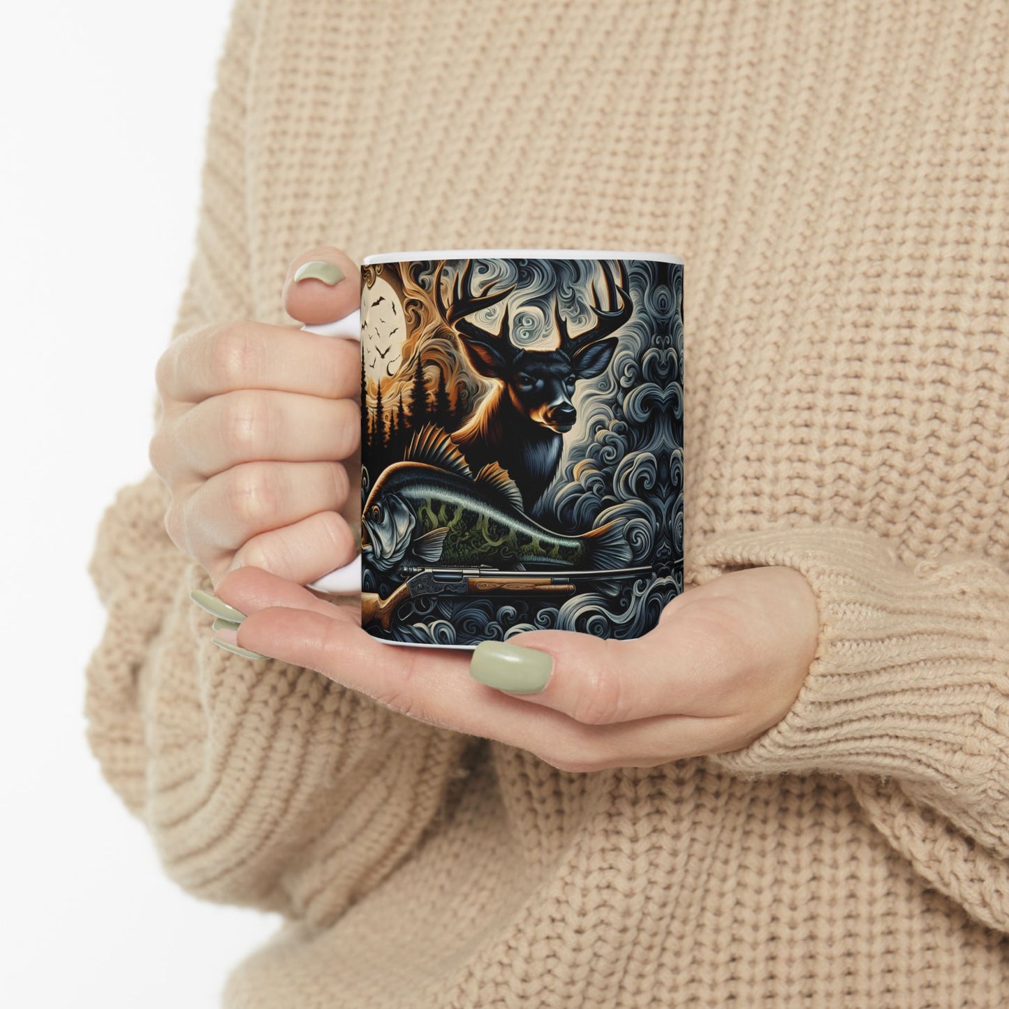 🦌🎣 Personalized Hunting & Fishing Mug – Deer, Bass & Outdoors Coffee Cup 🌲☕