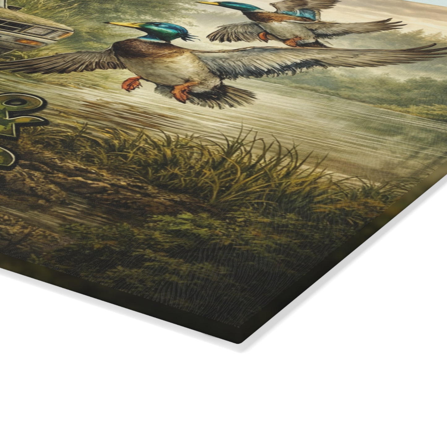 Ducks & Trucks Glass Cutting Board – Rustic Hunting Scene Kitchen Art & Display Board