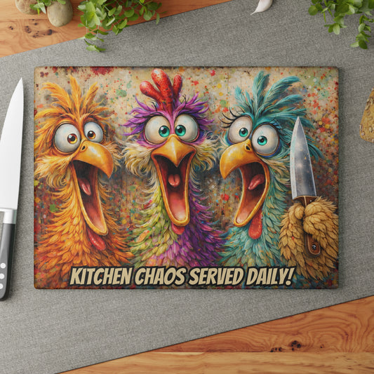 Kitchen Chaos Served Daily Glass Cutting Board – Colorful Chicken Kitchen Humor