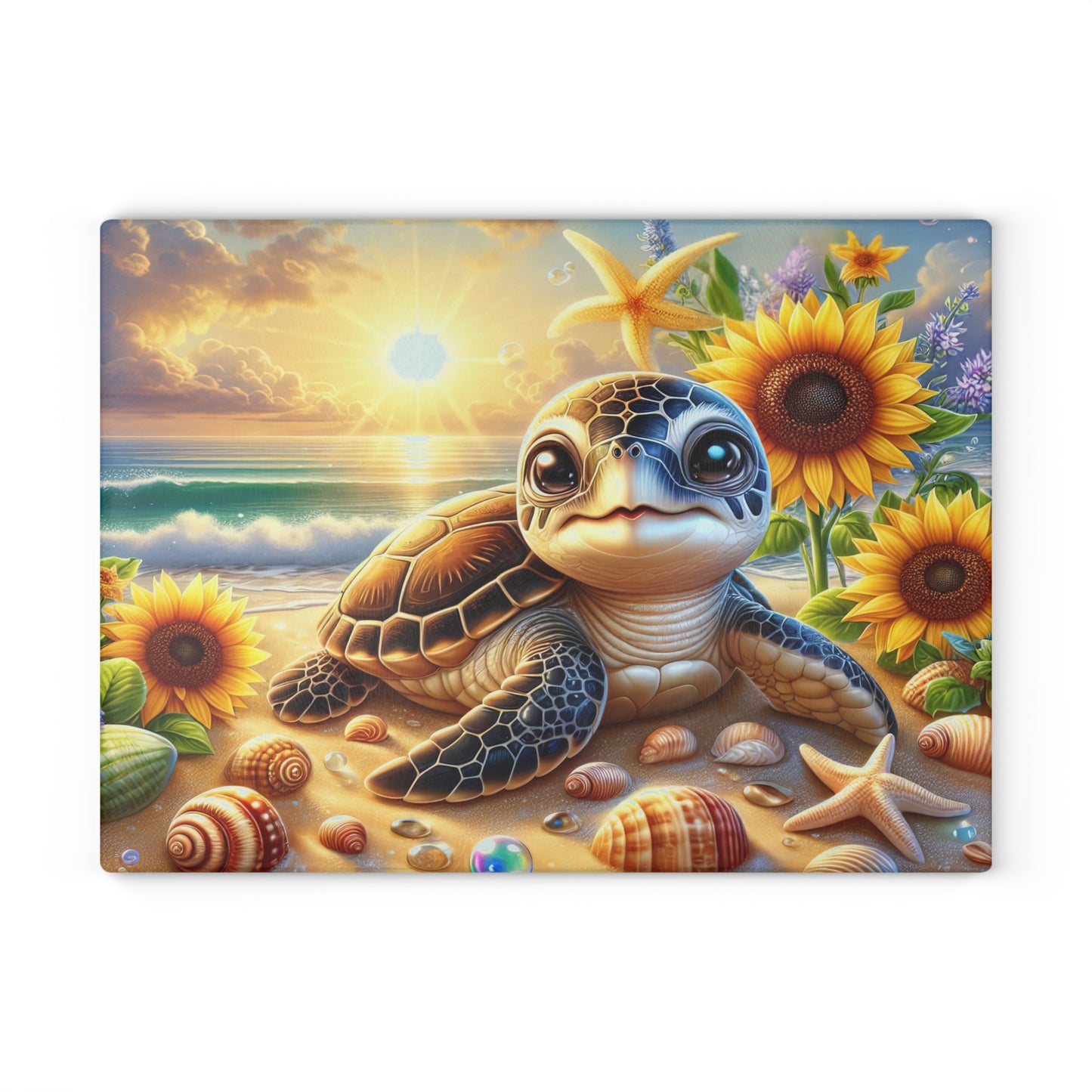 Sunny Shore Sea Turtle Glass Cutting Board – Coastal Beach Artwork with Sunflowers