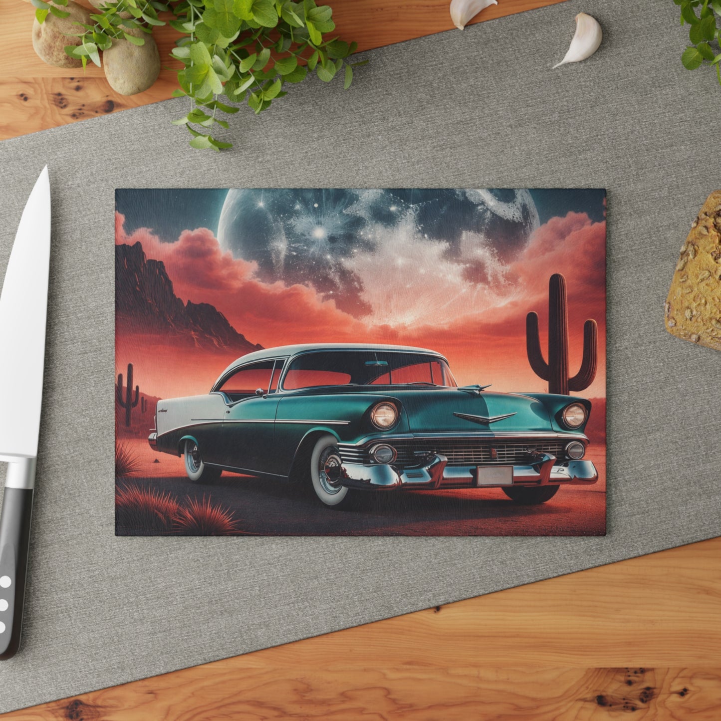 Vintage Desert Drive Glass Cutting Board – Retro Car Artwork with Southwestern Sunset