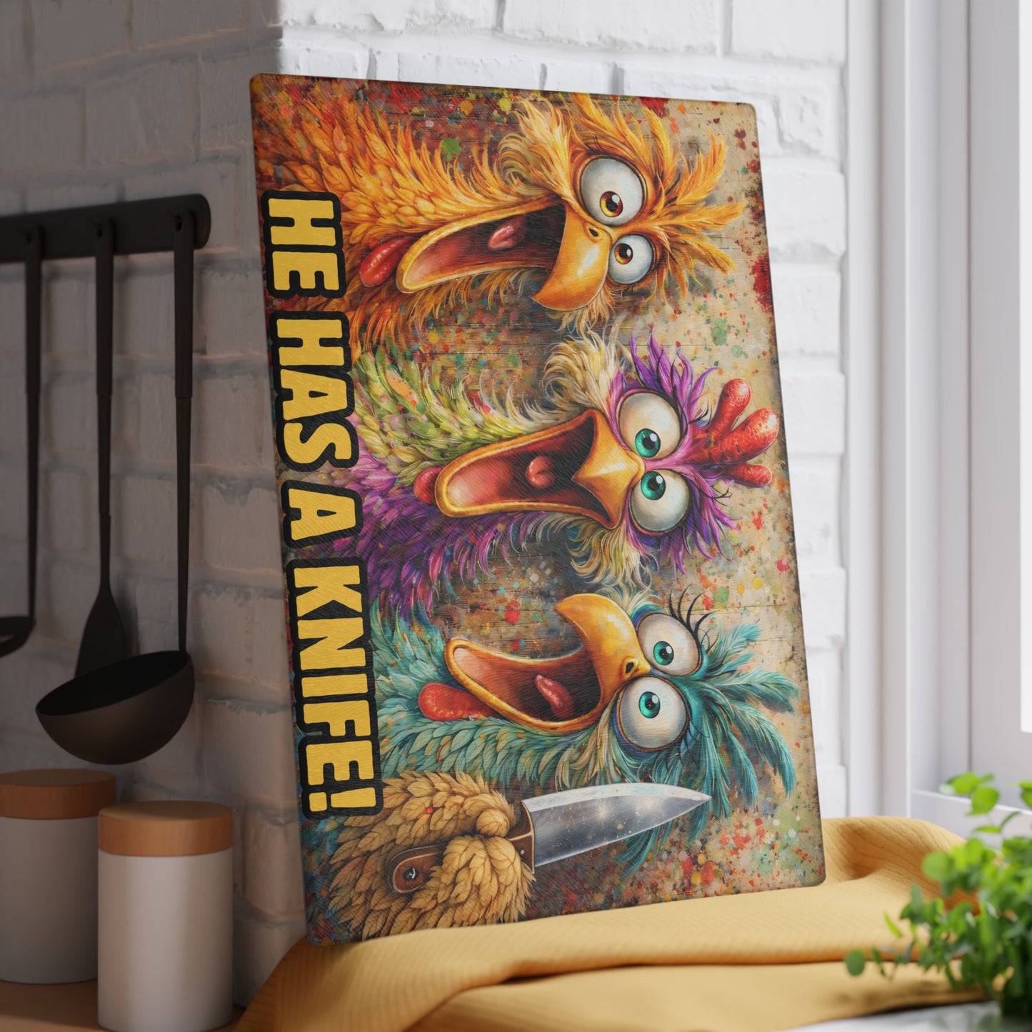 He Has a Knife! Funny Chicken Glass Cutting Board – Bold Farmhouse Kitchen Humor