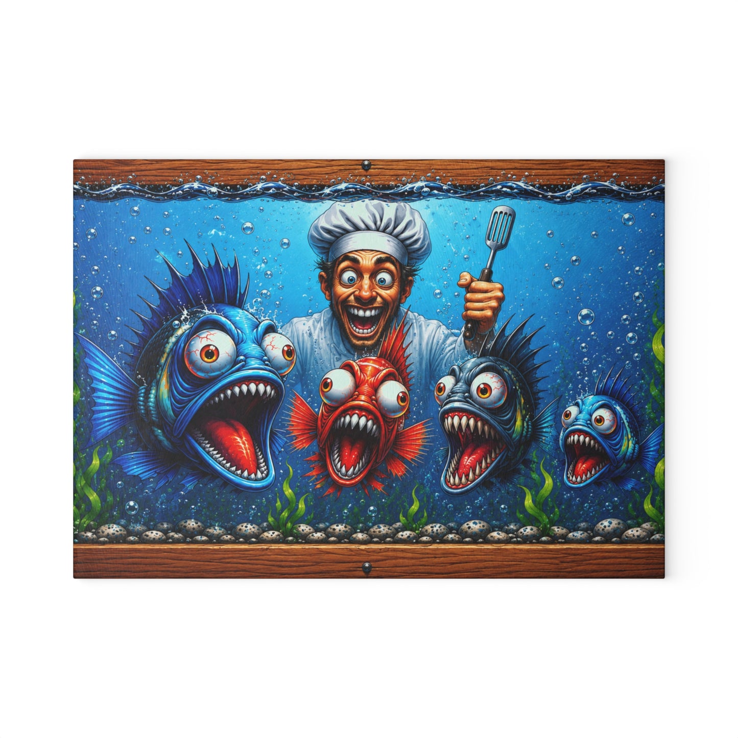 Kitchen Chaos: Fish & Chef Glass Cutting Board – Funny Aquarium Kitchen Décor