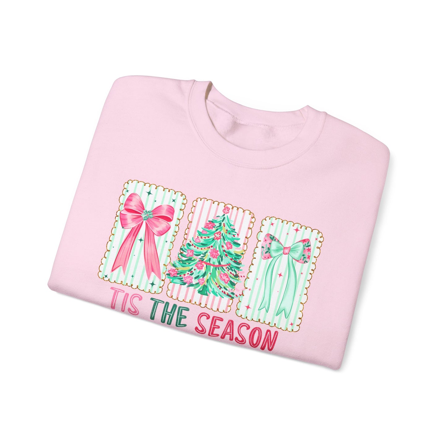 🎀🎄 ’Tis The Season Sweatshirt – Pastel Bows & Merry Tree Vibes ✨☃️